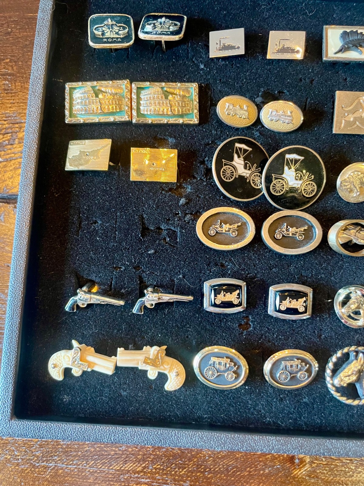 Lot 28 Cufflink Pairs Travel Transport Animals Crown Crest Guns Mid Century Mod