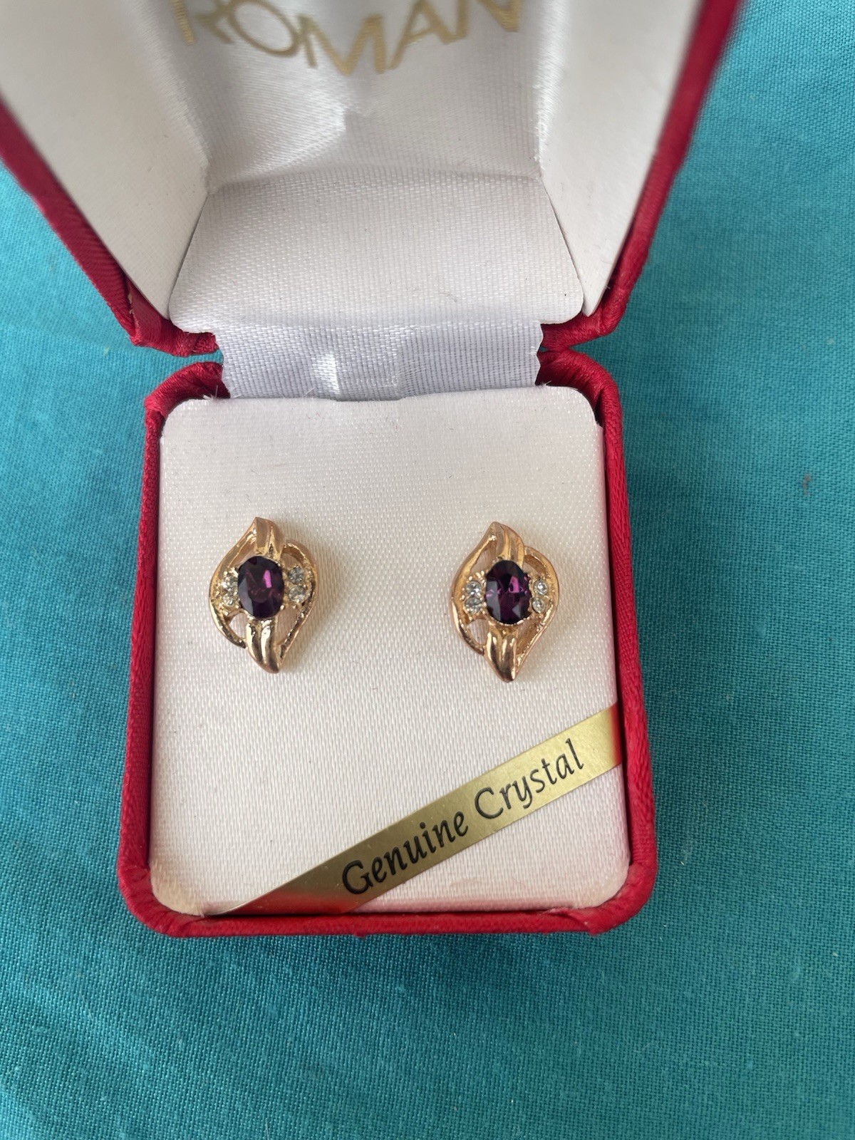Vtg Roman Rhinestone Faux Amethyst Crystal Earrings In Box New Gold Tone 70s