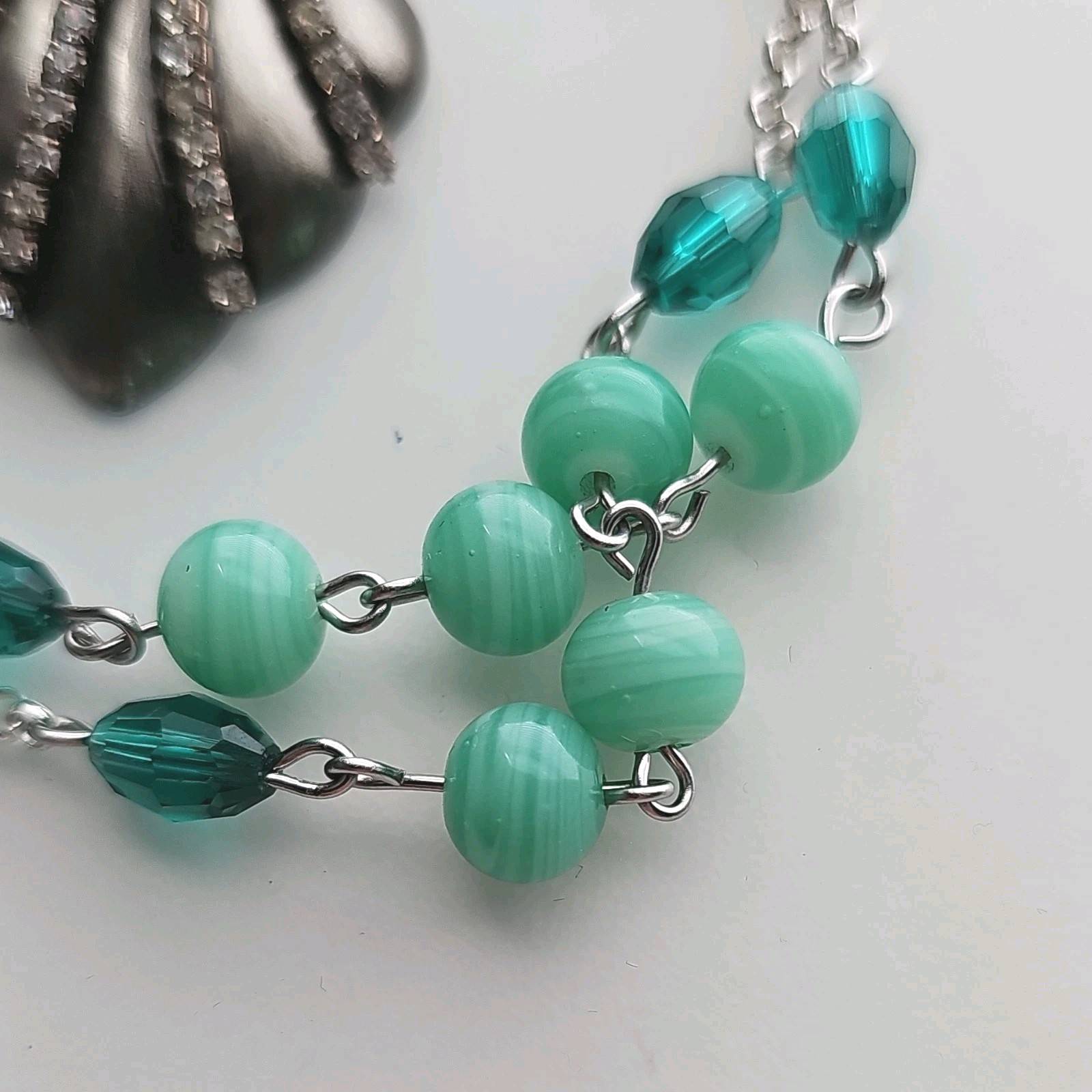 Assemblage Necklace Vintage Czech Glass Beads Malachite Cab Pendant Silver Tone