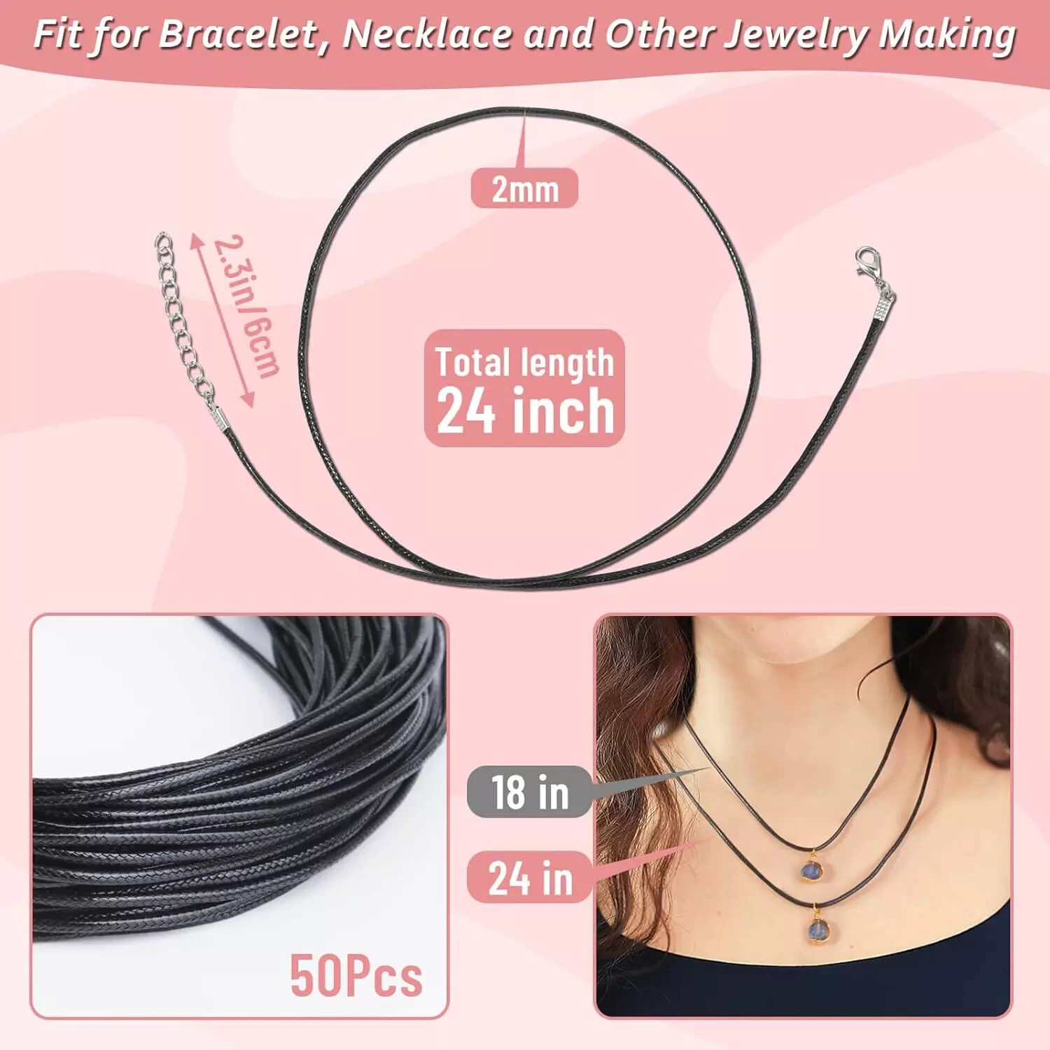 Black Necklace Cord with Clasp Lot 50pcs 24 Inch Black Waxed Cotton String Ropes