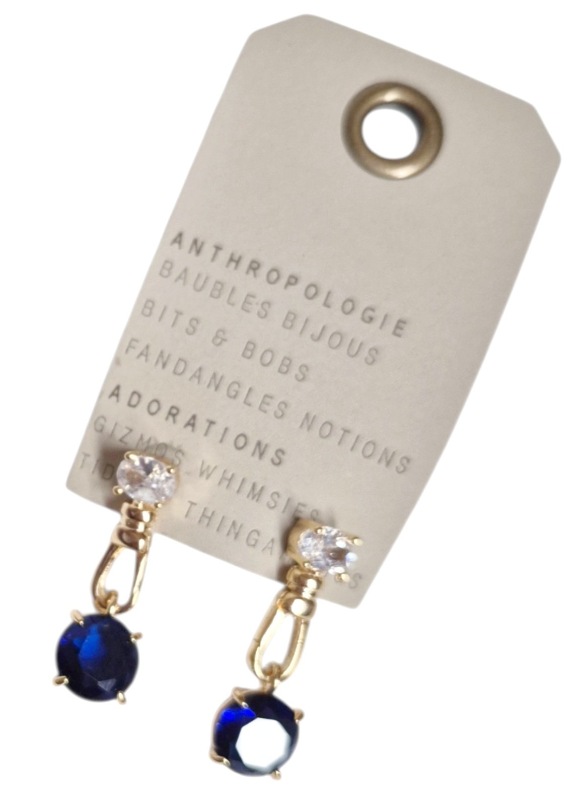 Anthropologie Crystal Clasp Drop Earrings Sapphire Blue 14k Gold Plate Brass NWT