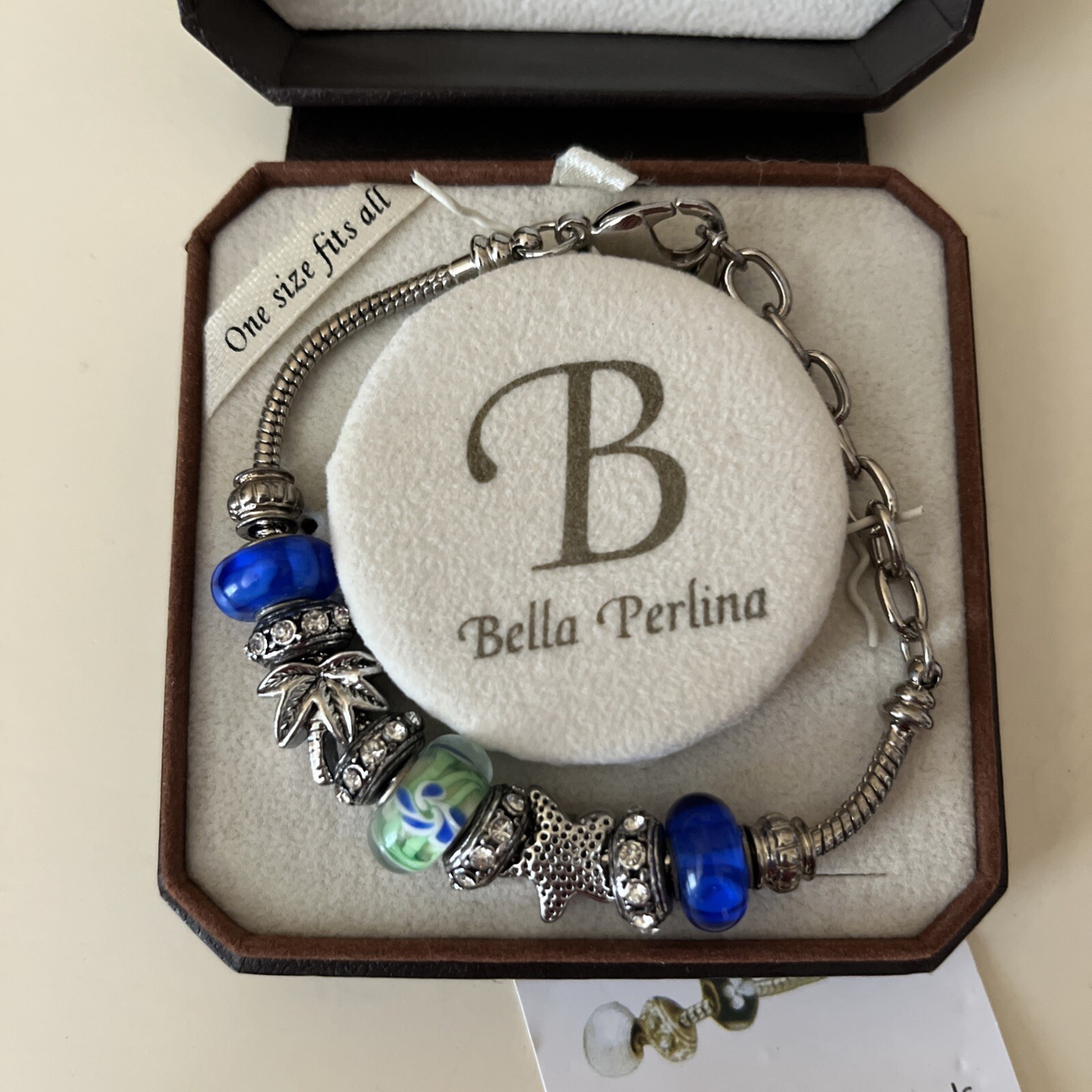 NIB~Bella Perlina European Charm Bracelet – Themed Tropical, Blue, Silver