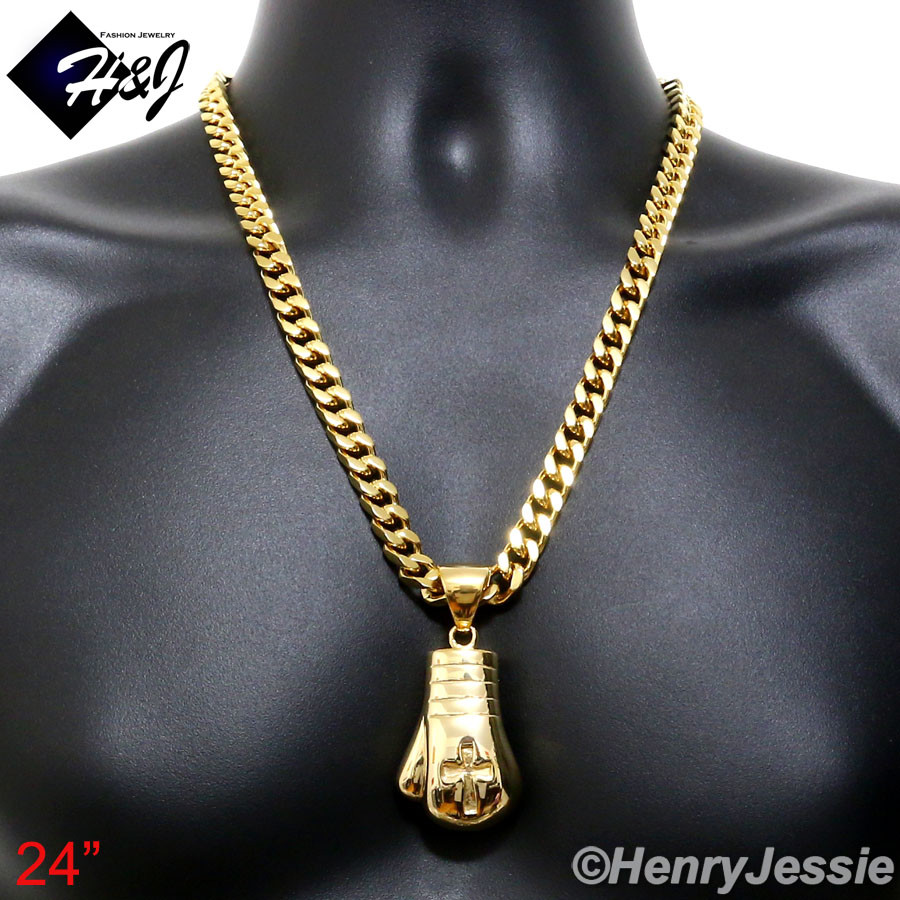 18-40″Stainless Steel 9mm Gold Plated Cuban Chain Boxing Glove Cross Pendant*P79