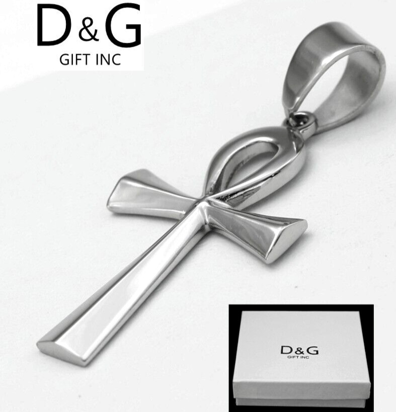DG Men’s Stainless Steel Silver Ankh CROSS 78mm large Pendant High Polish*BOX