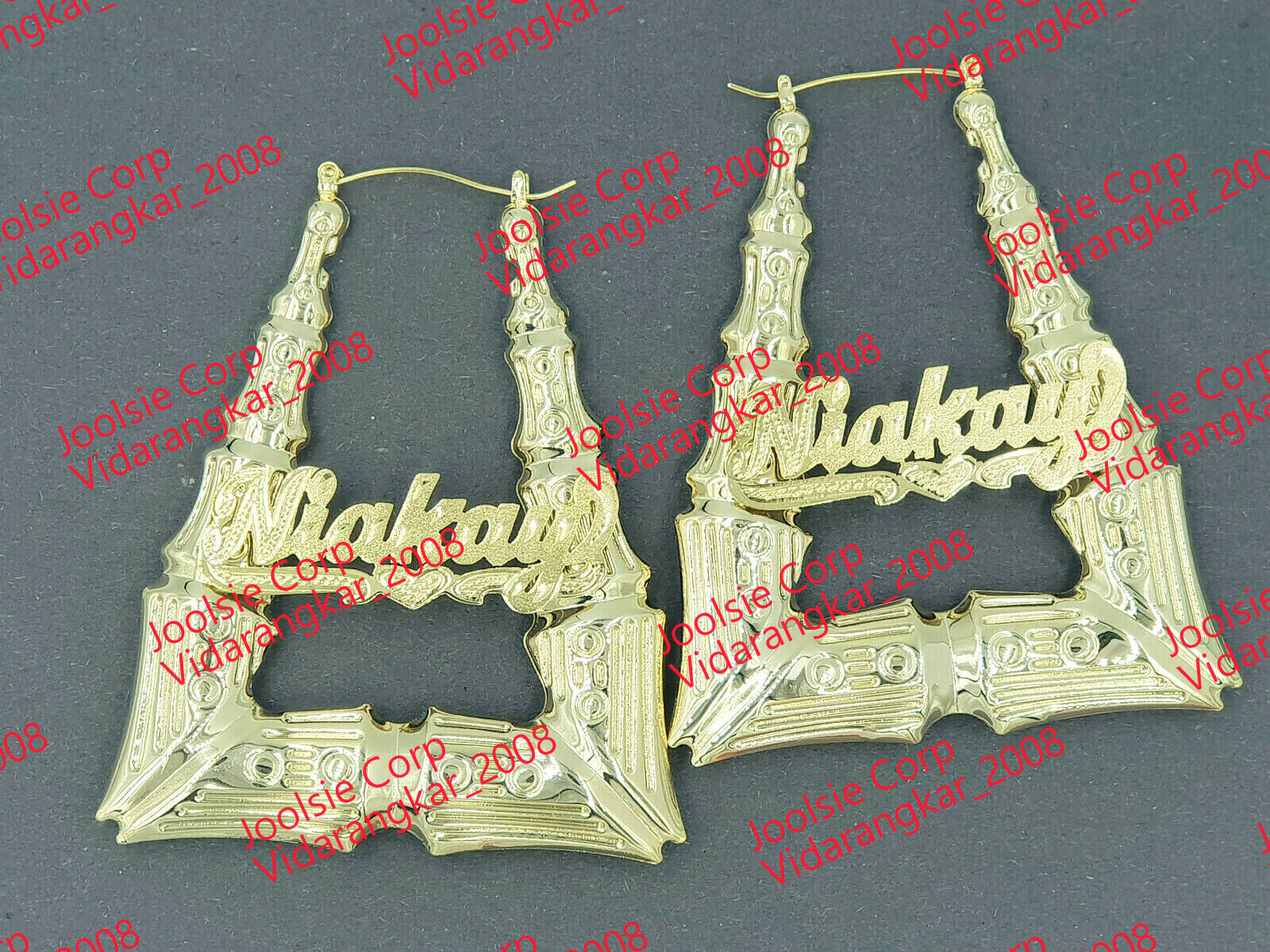 PERSONALIZED 14K GP 3″ (LARGE) TRIANGLE BAMBOO DOOR KNOCKERS ANY NAME EARRINGS