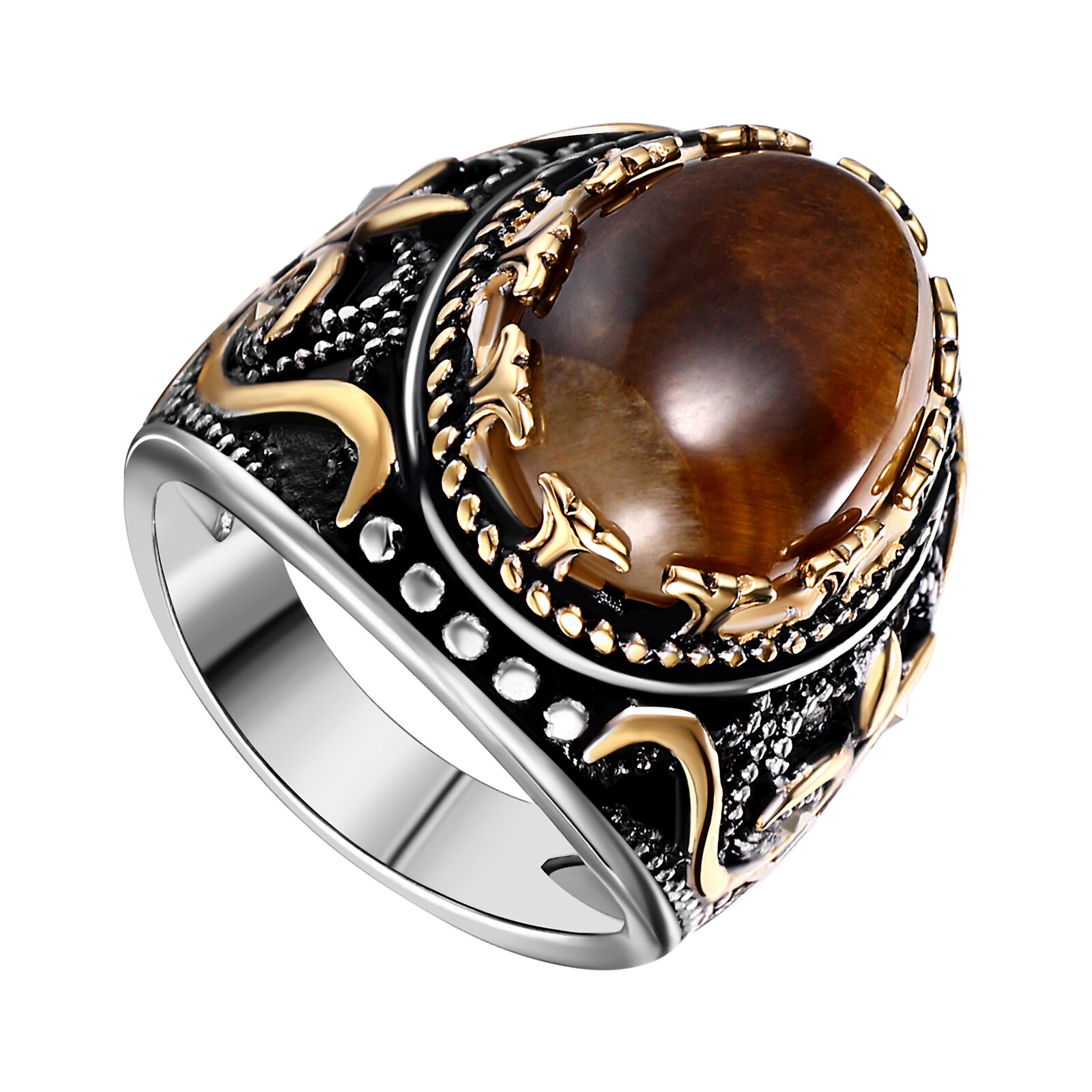 Retro Luxury Mens Natural Tiger Eye Gemstone Band Punk Biker Ring Band Size 7-13