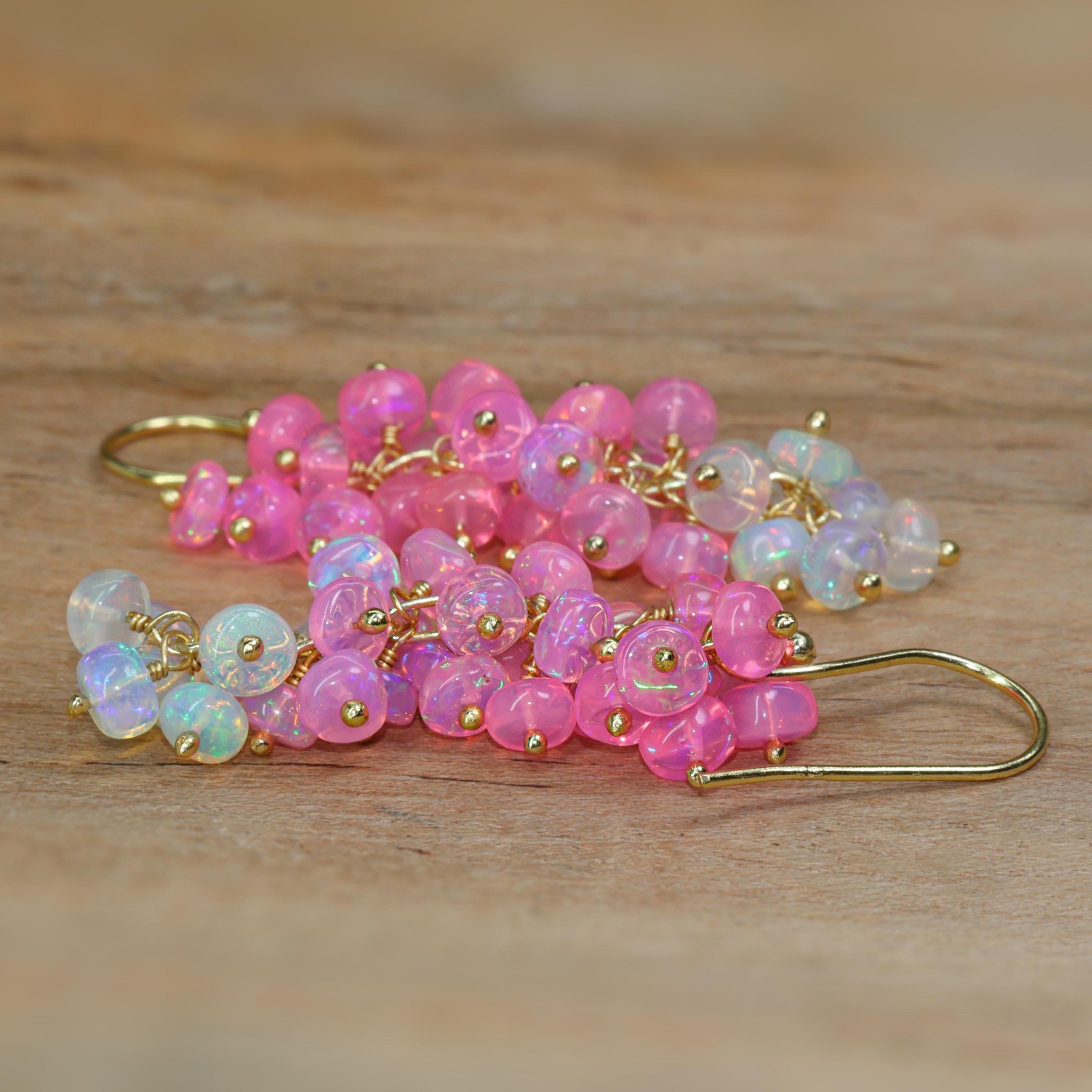 Pink and White Opal Beads Earring, Natural Opal Gemstone Cluster Earring for her