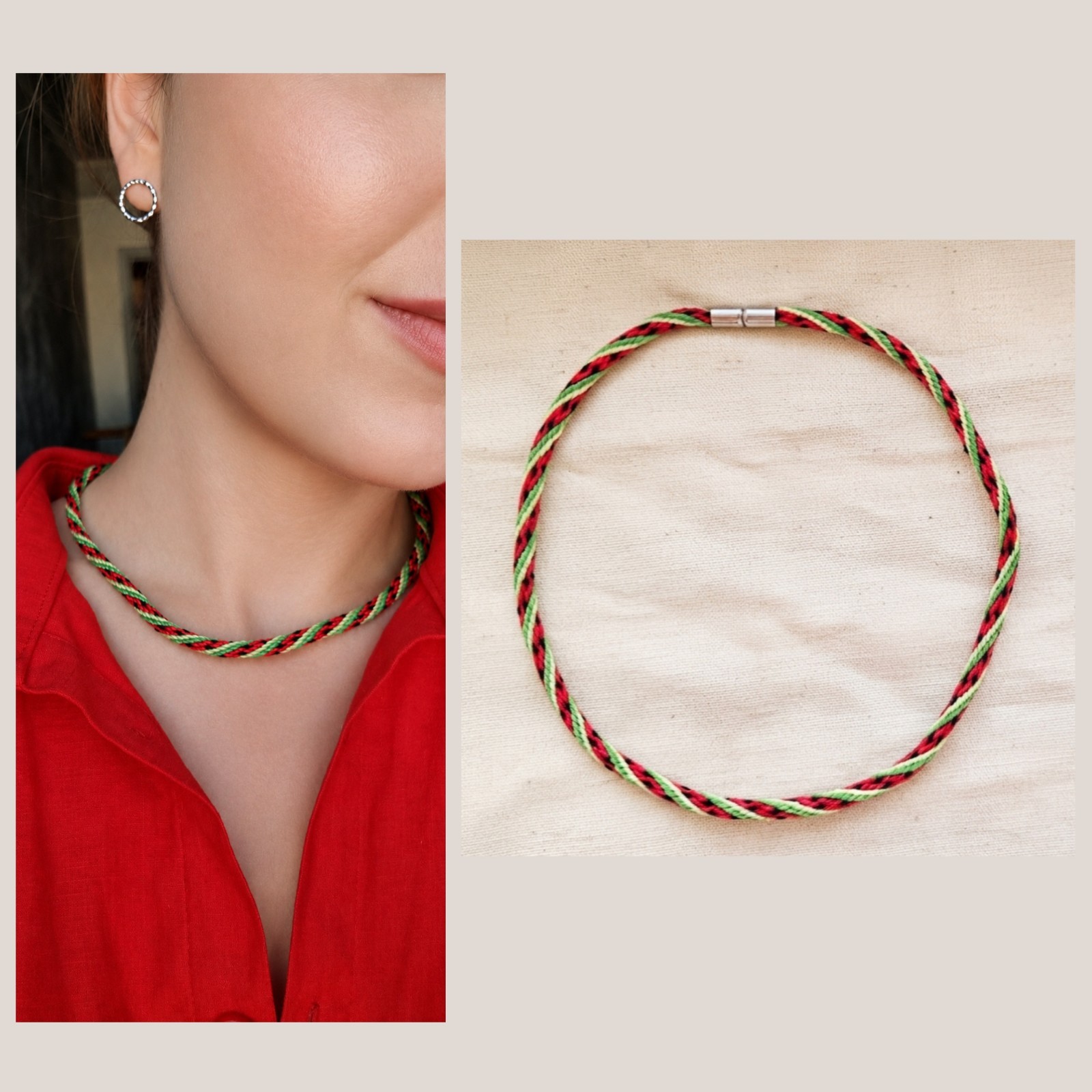 Handmade Kumihimo Necklace Watermelon Pattern Cotton Magnetic Clasp