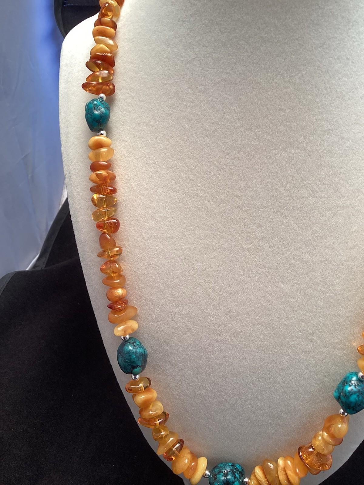 Sterling Silver Amber And Turquoise Pebble Chip Necklace 21.5-22”
