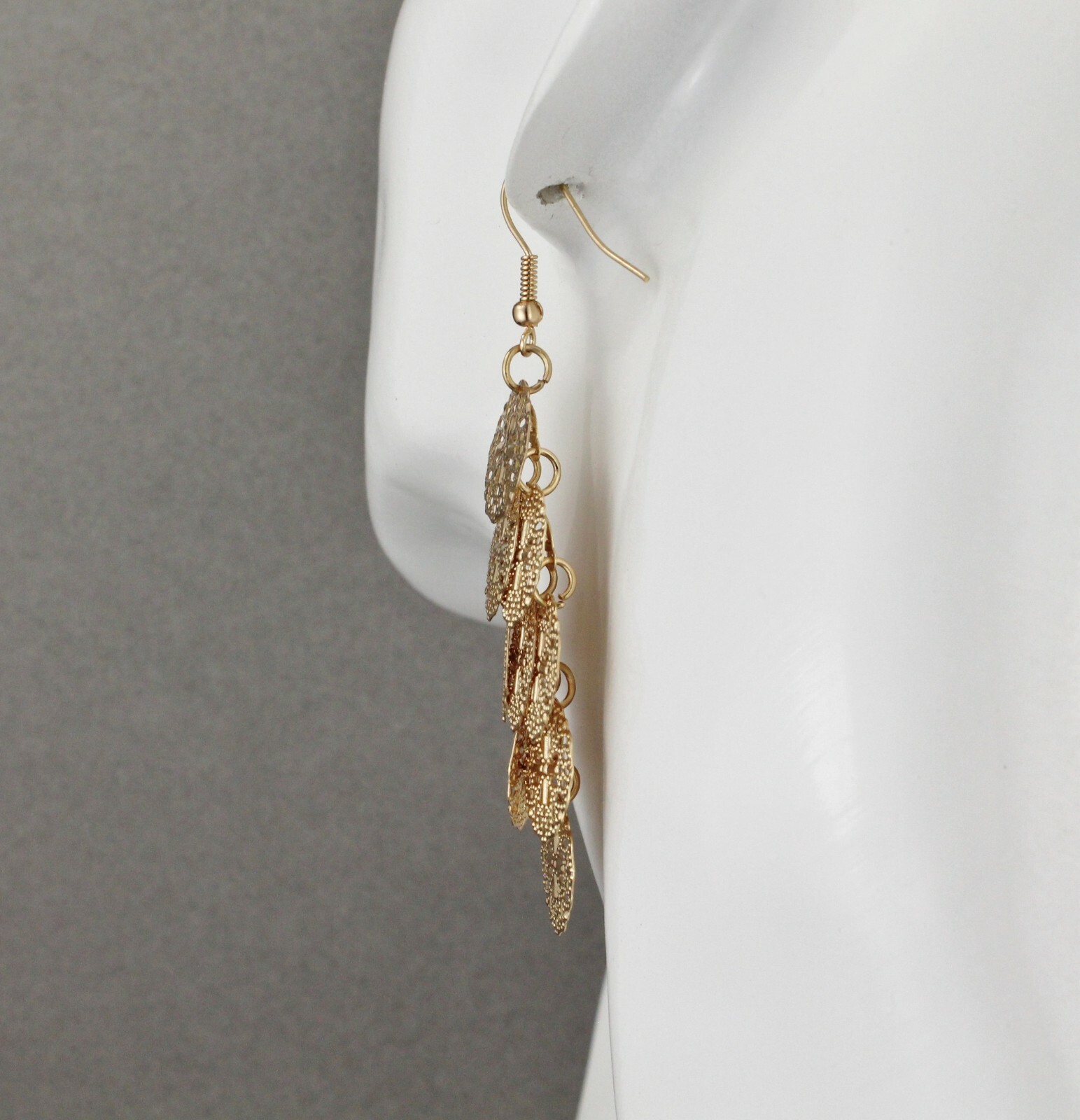 Gold chandelier earrings filigree dangle pendant wiggly 3″ long lightweight