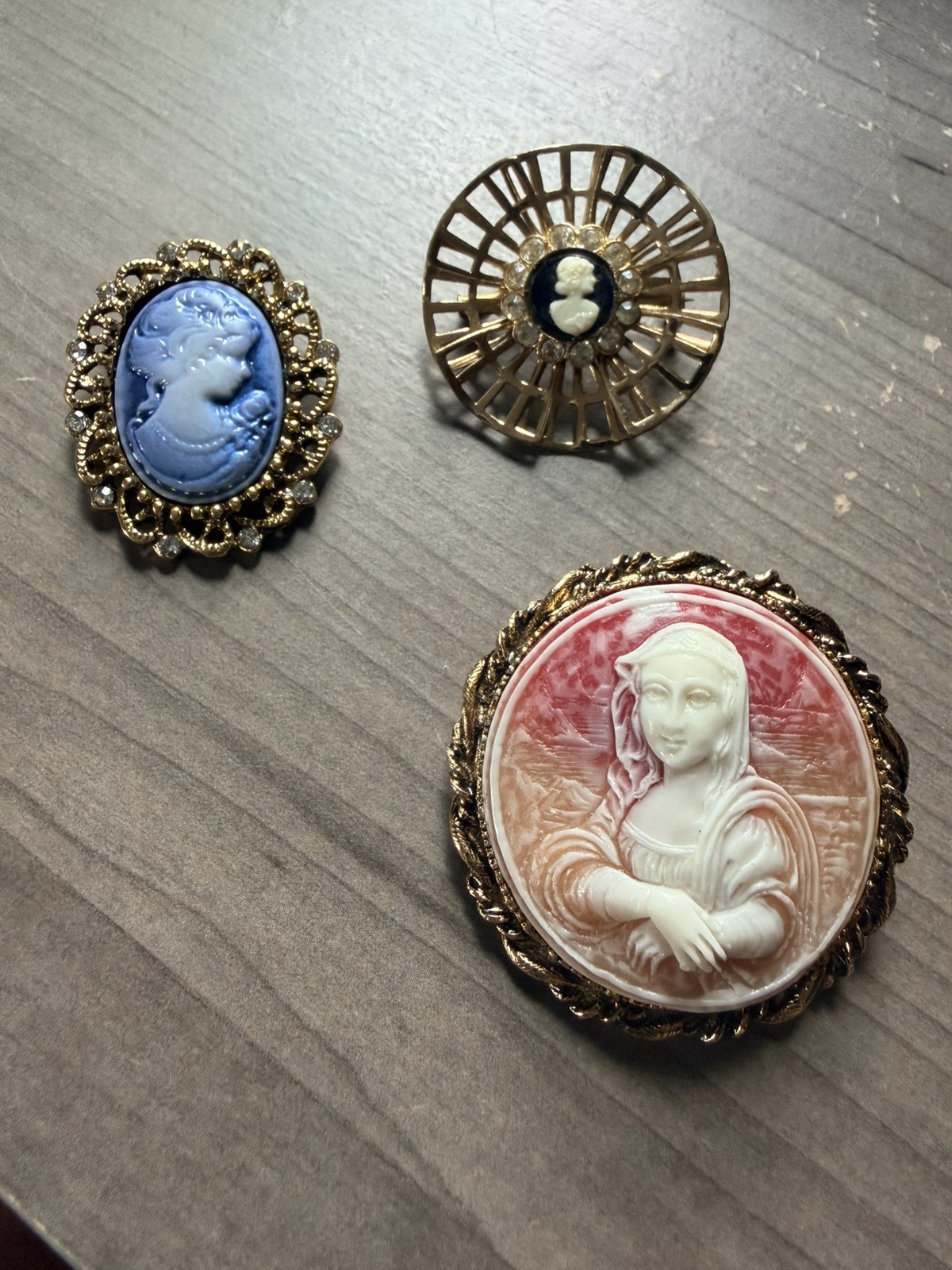Vintage Cameo Brooch Lot of 3, Coro Victorian Mona Lisa