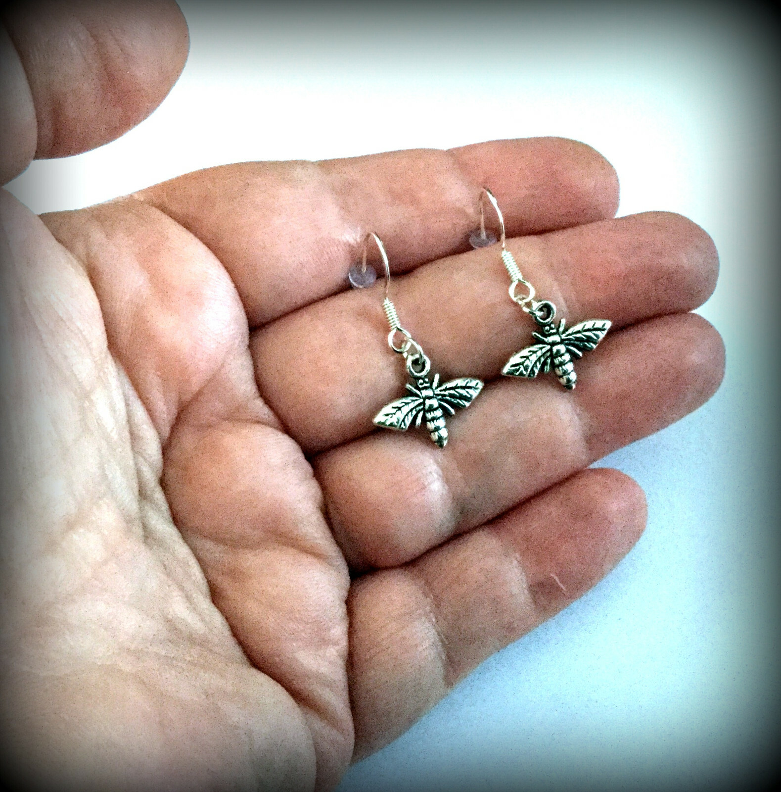 BUY 2 GET 1 FREE~HONEY BUMBLE BEE SMALL INSECT SILVER EARRINGS~925 STERLING HOOK