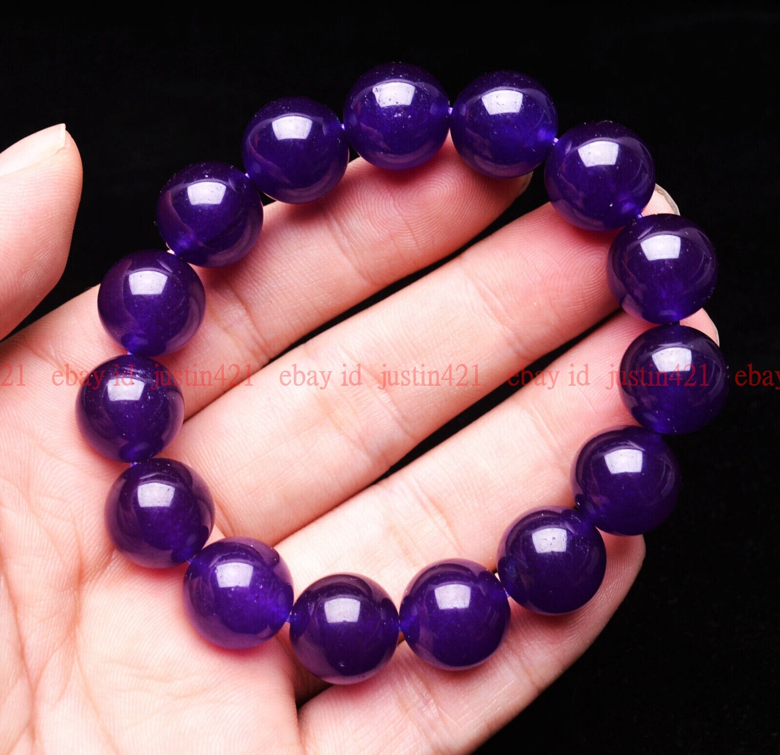 Natural 14mm Purple Jade Round Gemstone Beads Elastic Bracelet 7-9″ AAA+