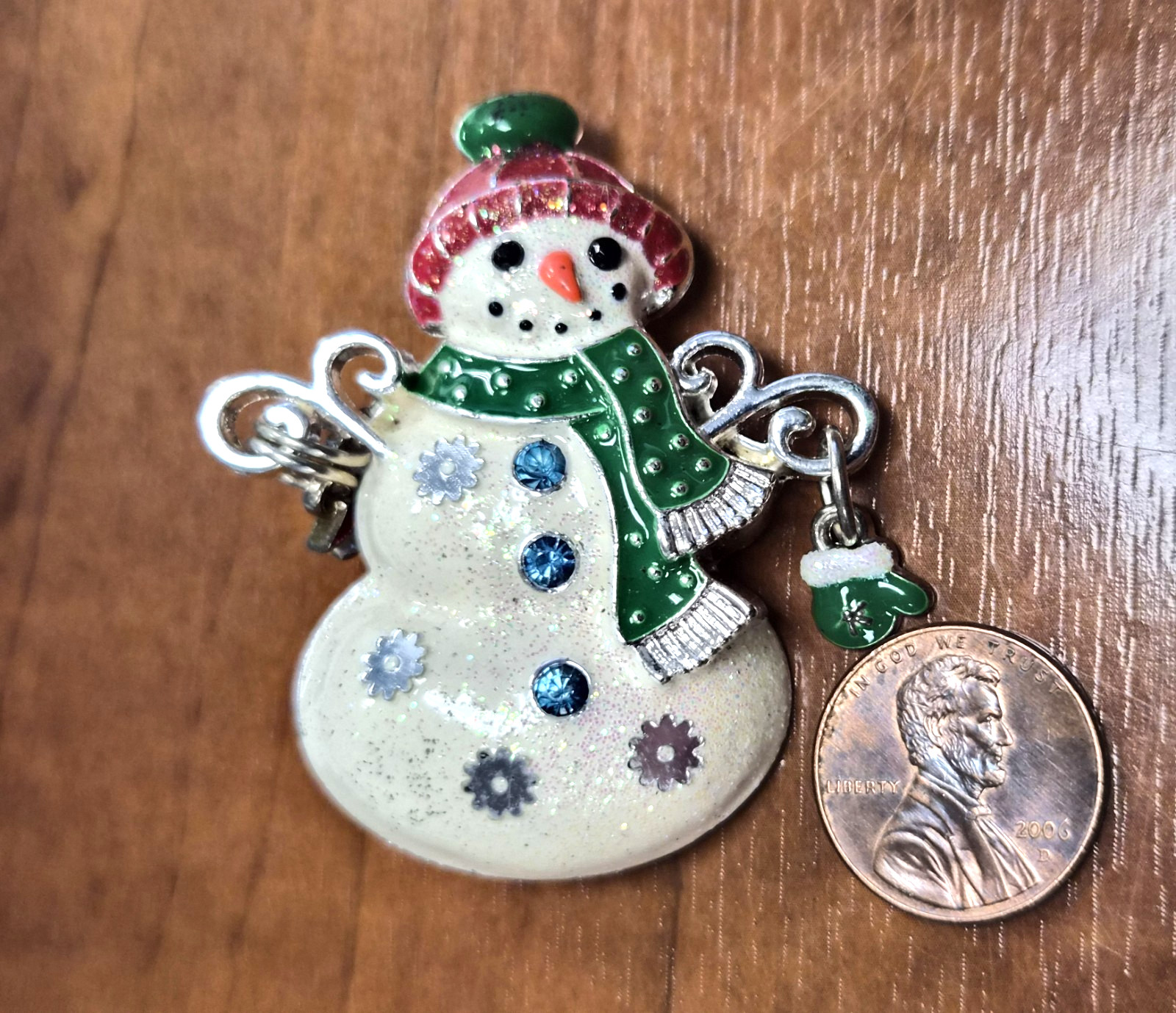 Vintage 90’s Christmas Rhinestone & Enamel Snowman Holding Charms Pin / Brooch