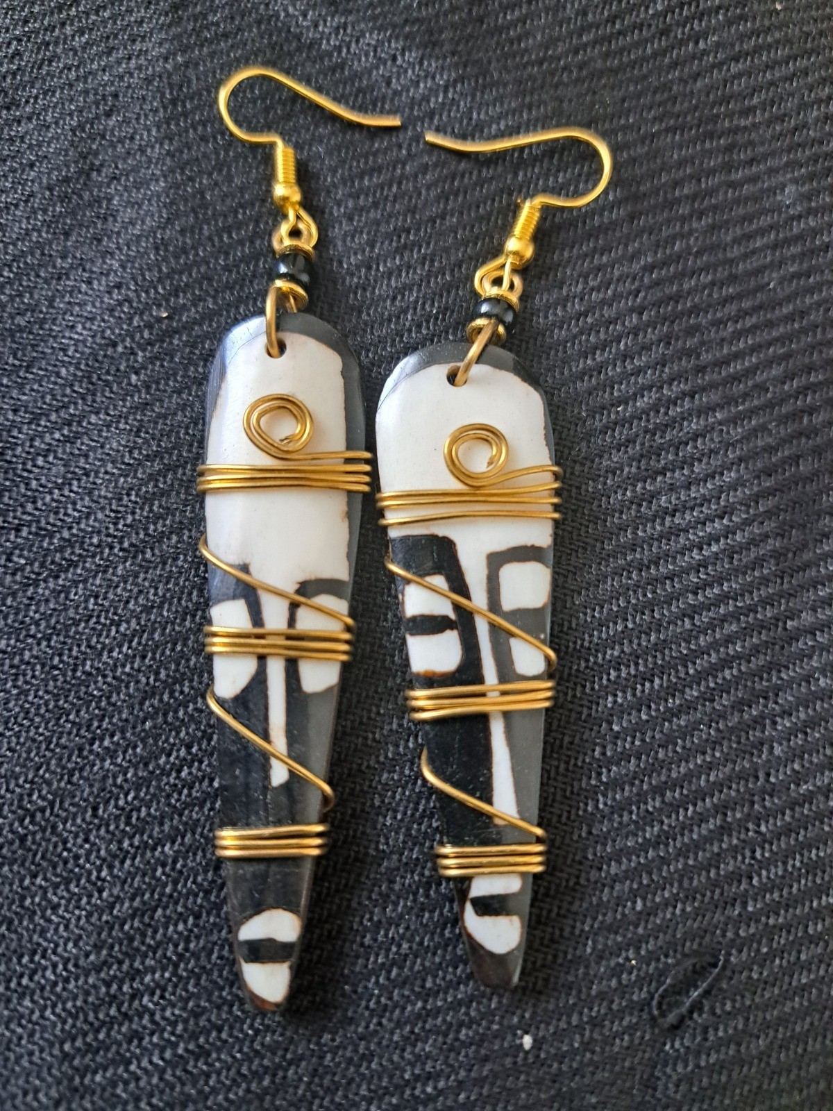 3″ Handcrafted African Bone Dangling Earrings With Bronze Spiral From Kenya