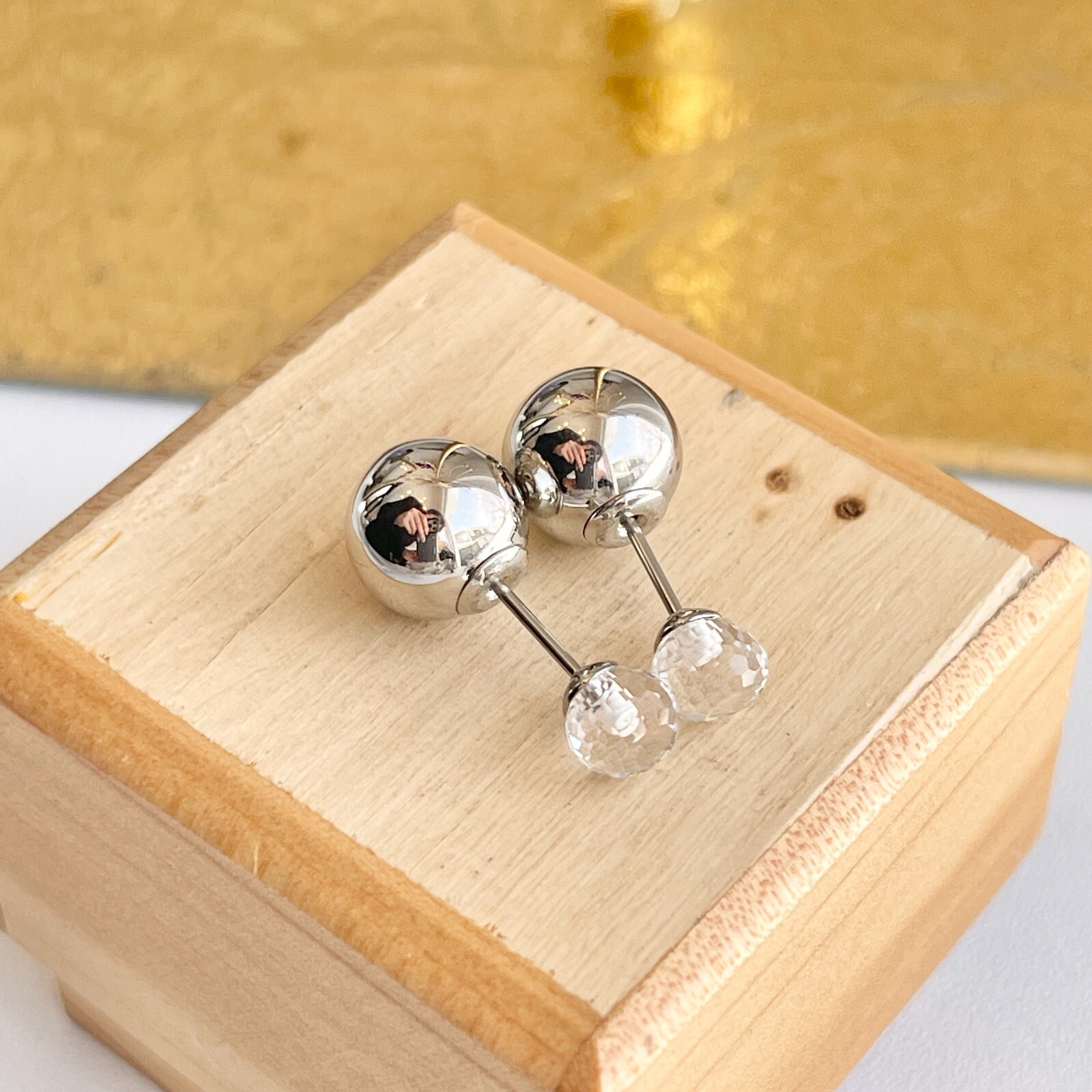 Stainless Steel Double Ended Silver Color Ball + Glass Post Stud Earrings NEW
