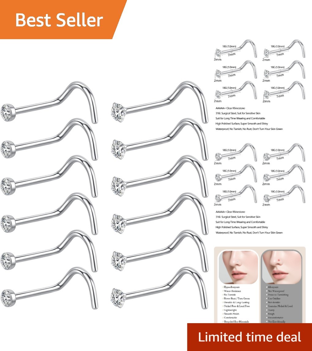 Versatile 12Pcs Nose Piercing Studs – Smooth Surgical Steel & Rhinesone Designs