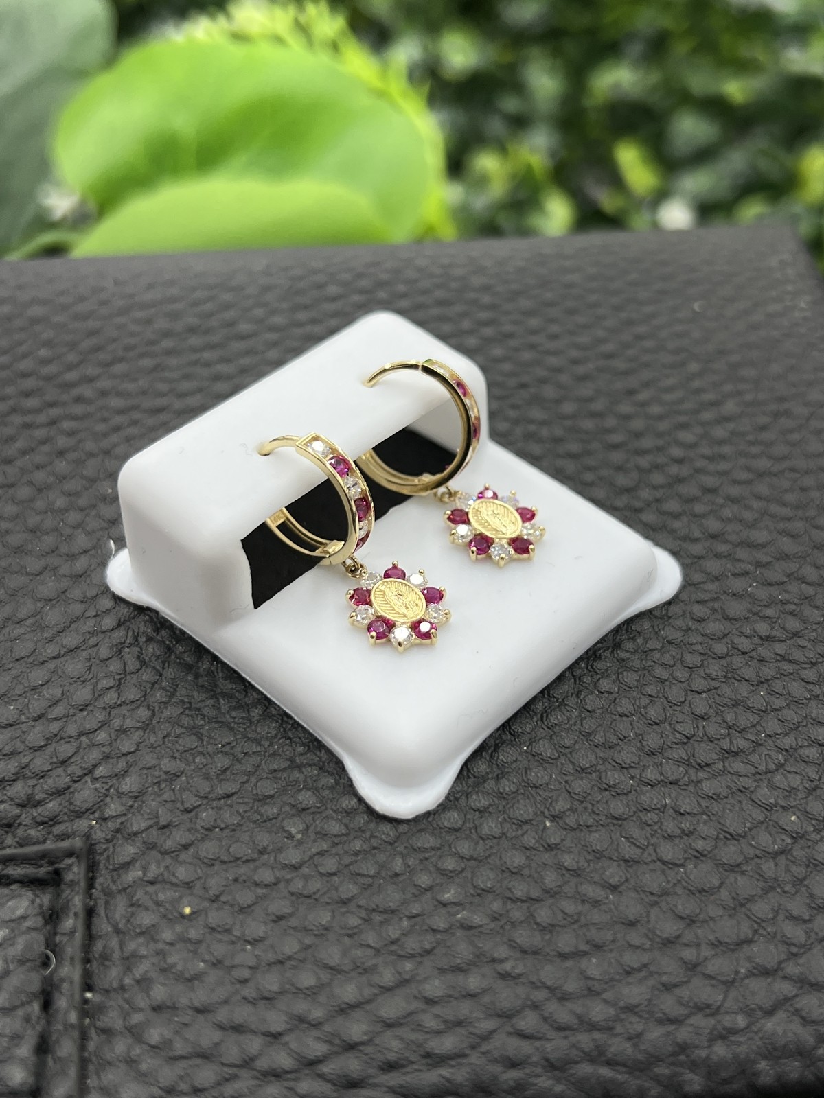 14K Yellow Gold CZ Huggies Virgen de Guadalupe Earrings 24x12mm Elegant Gifts