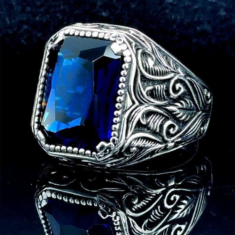 925 Men Silver Handmade Engraved Blue Stone Ring