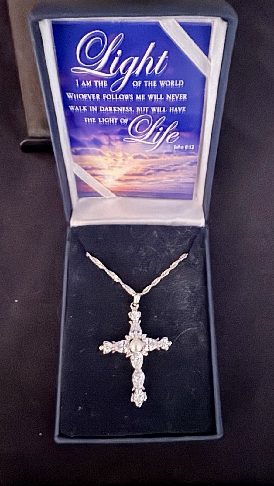 Bradford Exchange Cross Pearl & White Sapphire Sterling Silver Necklace 18″