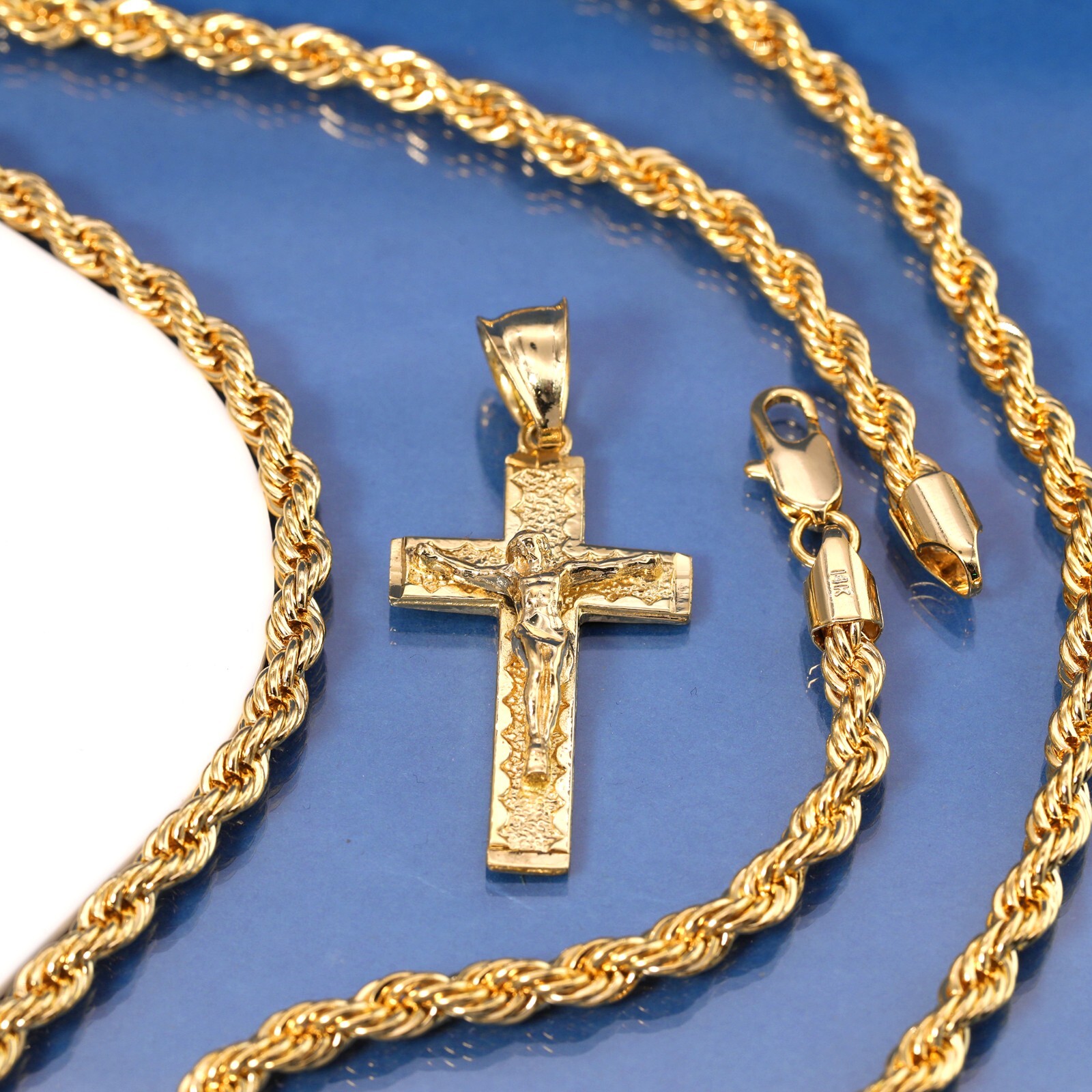 Jesus Cross Pendant Crucifix Nugget Brass 14k Gold Plated 20″ Rope Choker Chain