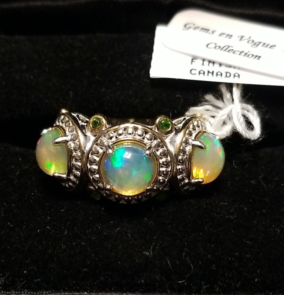 “NEW” Gems En Vogue Opal Ring, 3 Stone Ethiopian Opal Ring, Sterling 925 Size 5