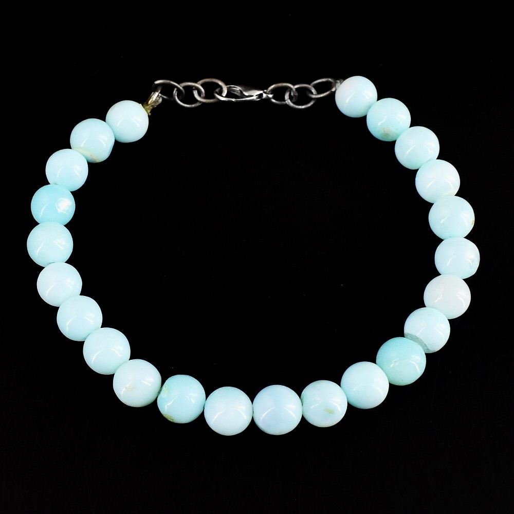 Natural 81.00 Cts Single Strand Blue Opal Round Shape Beaded Bracelet RK 24 E726