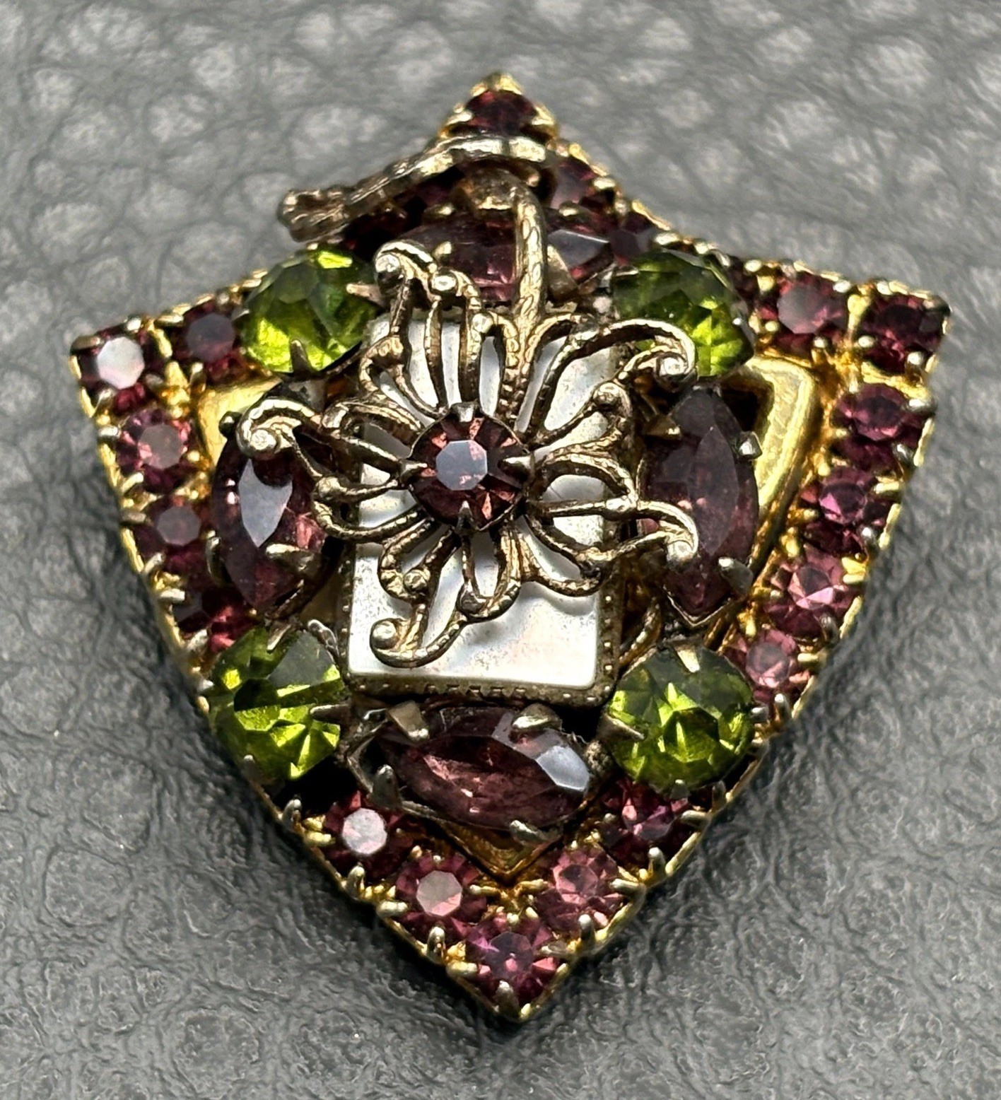 VTG Gold Tone Brooch Purple Faux Amethyst Faux Peridot Rhinestone Crystal Pin