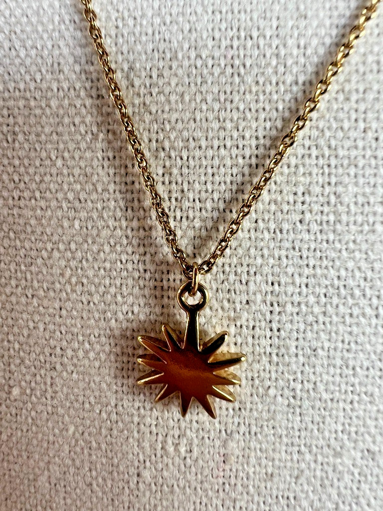Alexa’s Angels Gold Tone Necklace Sunburst Charm Crystal Dainty Minimalist 17″