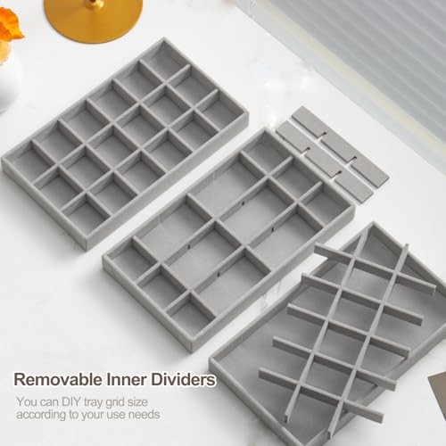 SPAKOWN Jewelry Organizer for Drawer Set of 9, Velvet Jewelry Tray Grey
