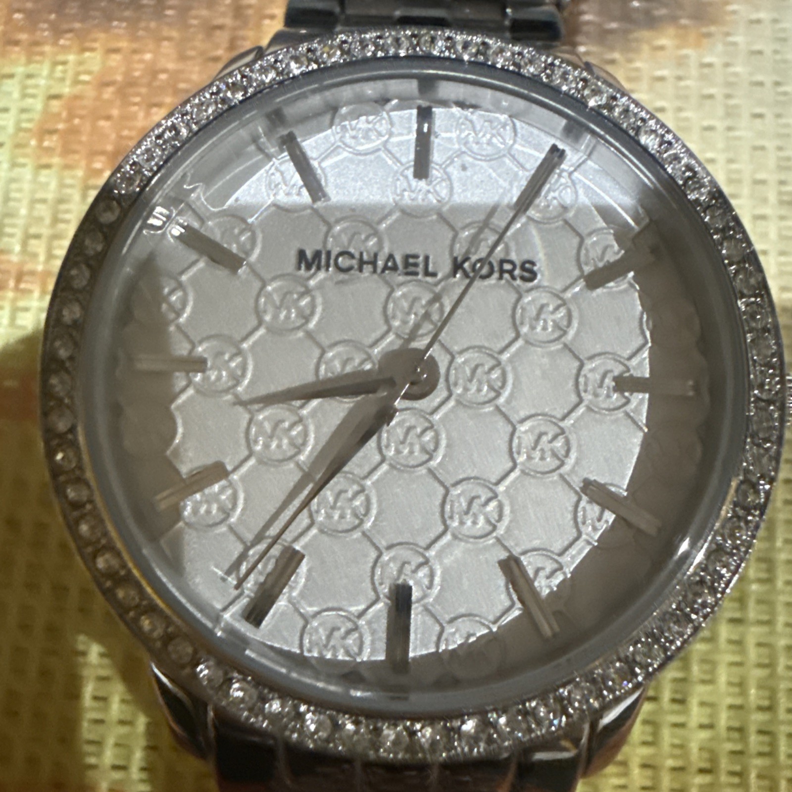 MICHAEL KORS Womens Nini Silver Tone Watch MK Monogram Dial Crystals MK3372