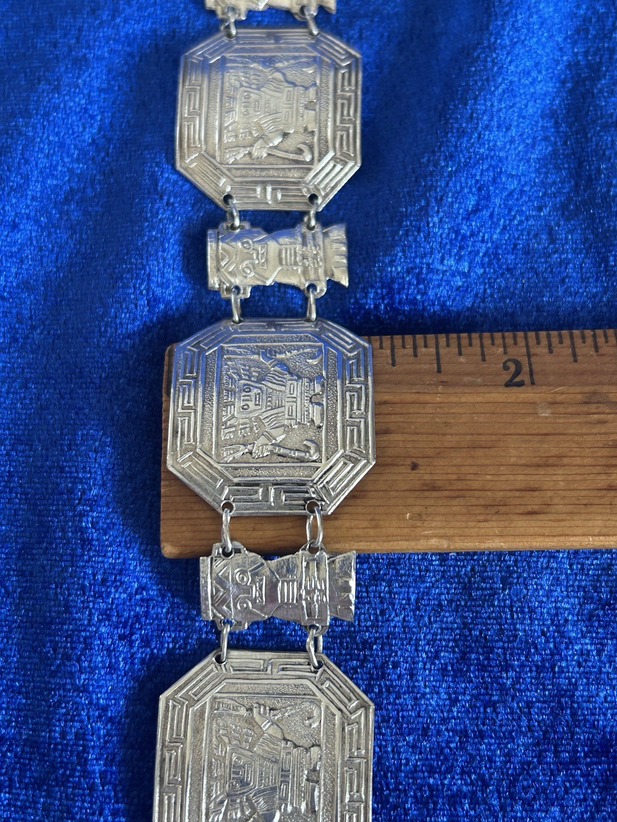 Vintage Estate Sterling Silver Inca Guardians Panel Bracelet Handmade Peru Old