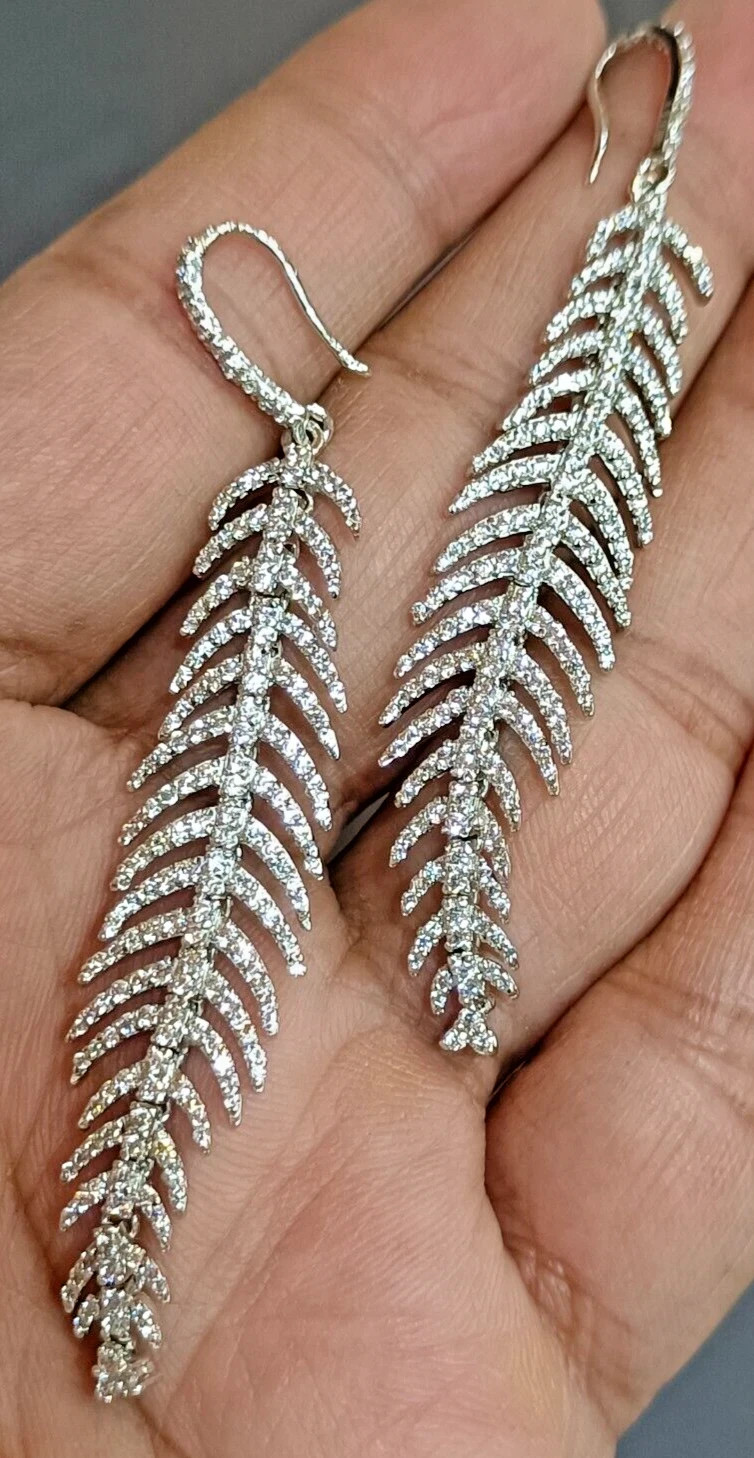 3Ct Natural Moissanite Feather Dangle Hook Earring 14k White Gold Plated