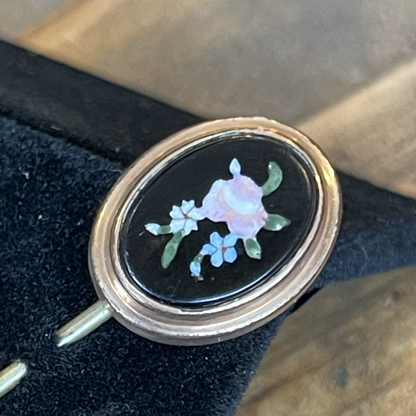 Antique Rolled Gold Italian Pietra Dura Forget Me Not Flowers Stick Pin 3”