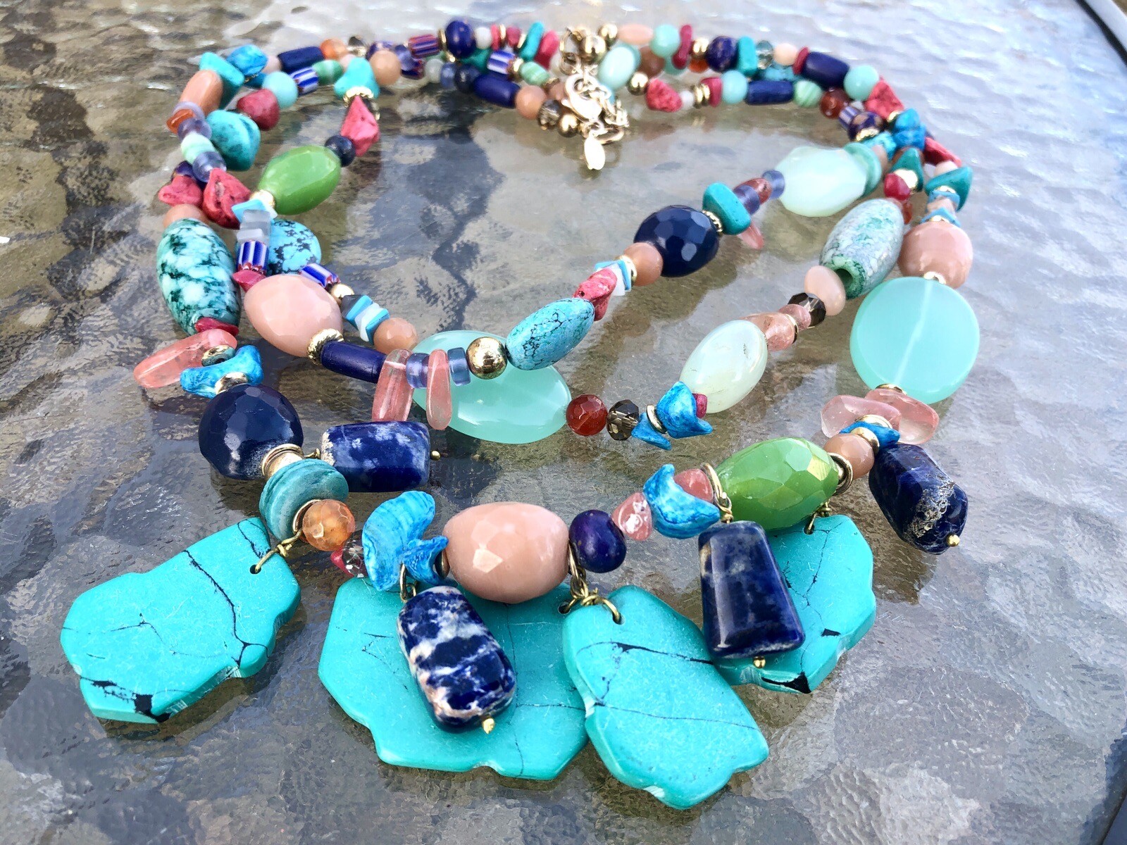 Chico’s Huge Chunky Triple Strand Semi Precious Stone Runway Statement Necklace