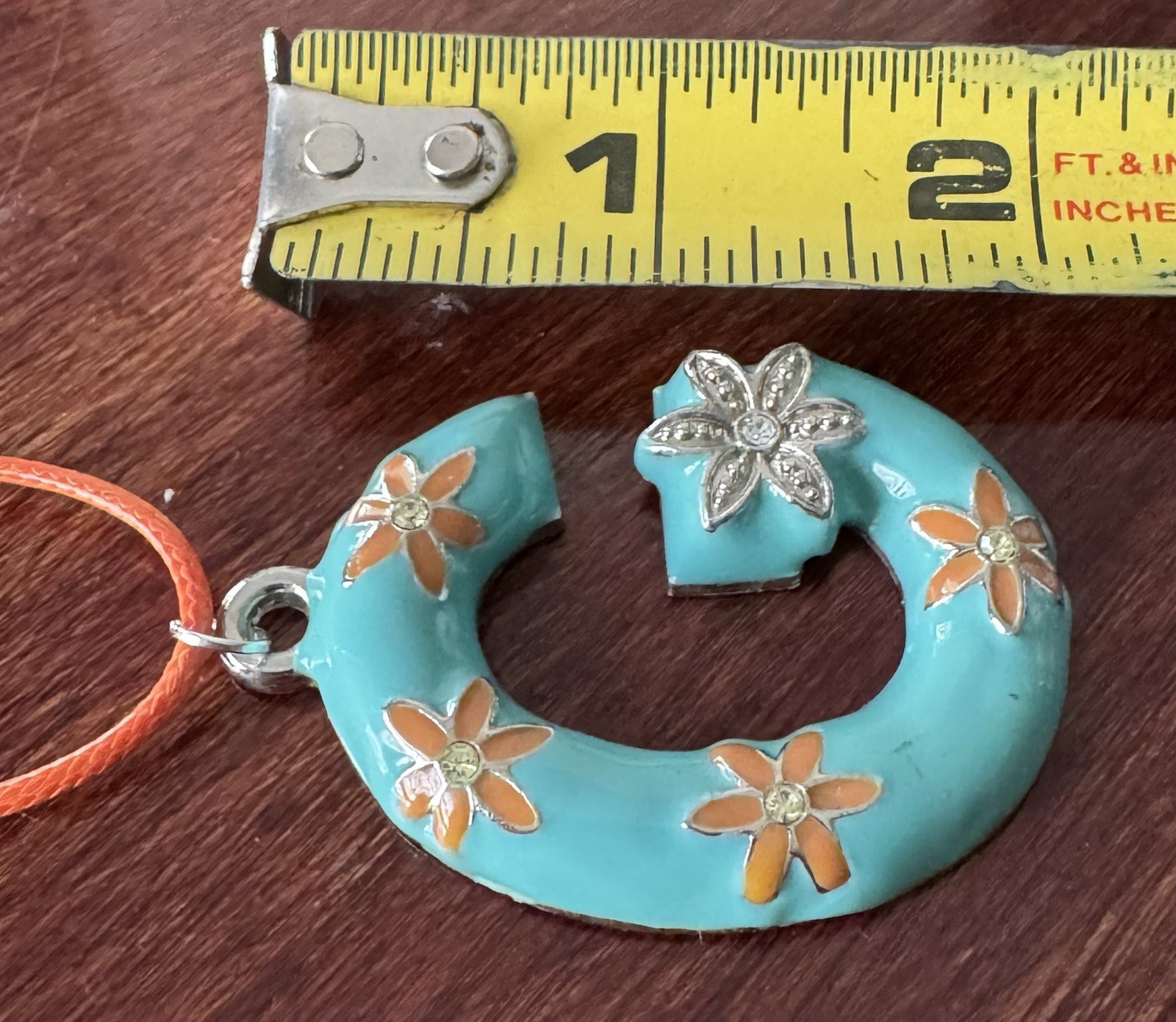 Vintage Floral Orange & Turquoise Enamel Letter G Pendant Leather Cord Necklace