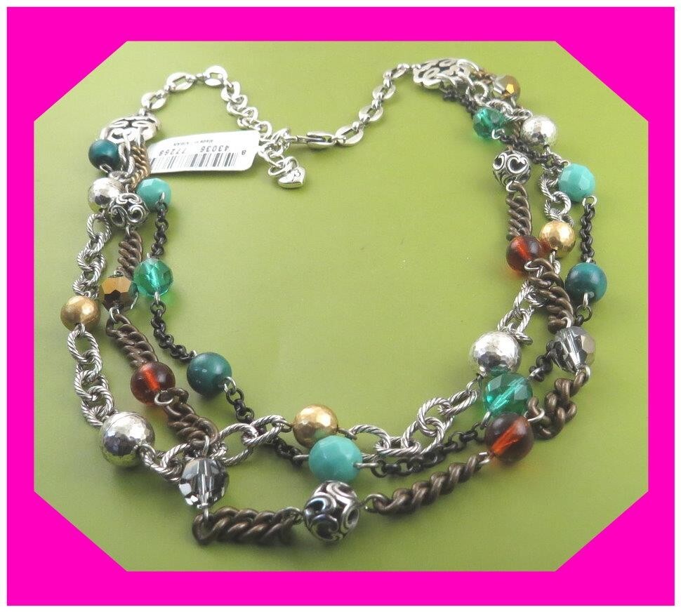 BRIGHTON FOXFIRE Multi Colors Beads Silver Triple Strand NECKLACE NWtag $102 75%