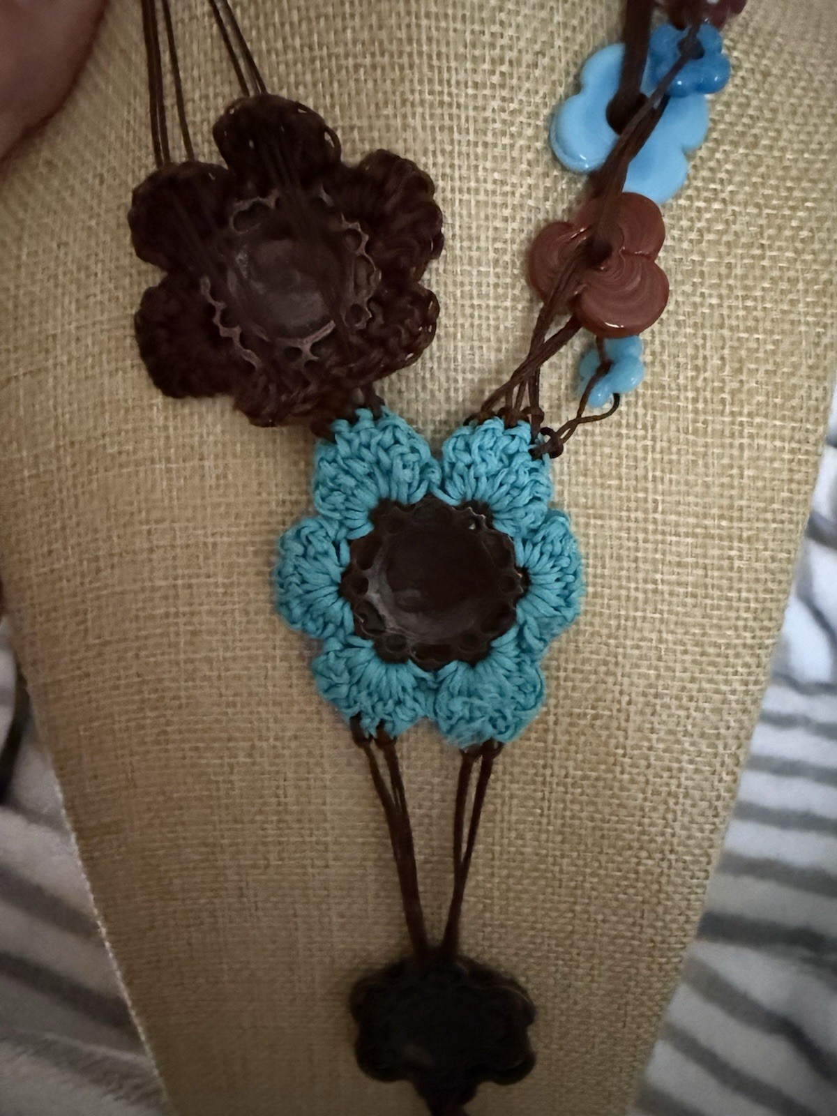Brown & Blue Bohemian Cord Necklace Flower Charm Pendant lobster clasp Closure