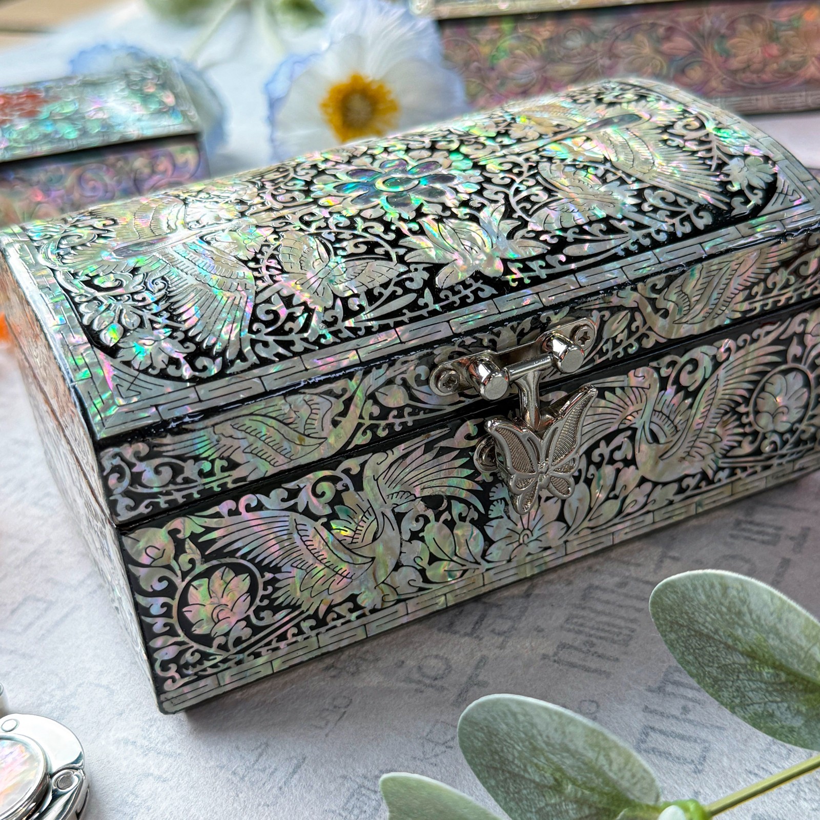 Korea Traditional Mother of Pearl Crane Jewelry Box wood trinket box