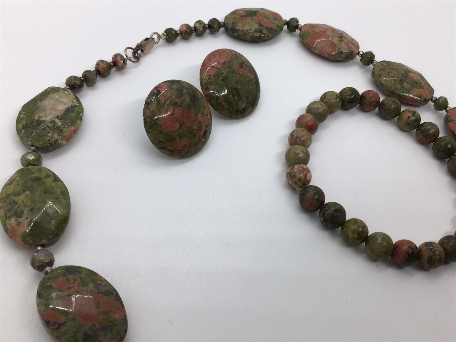 Unakite Faceted Necklace Bracelet Pierced Earrings Lot Set 19” 108g Pink Green