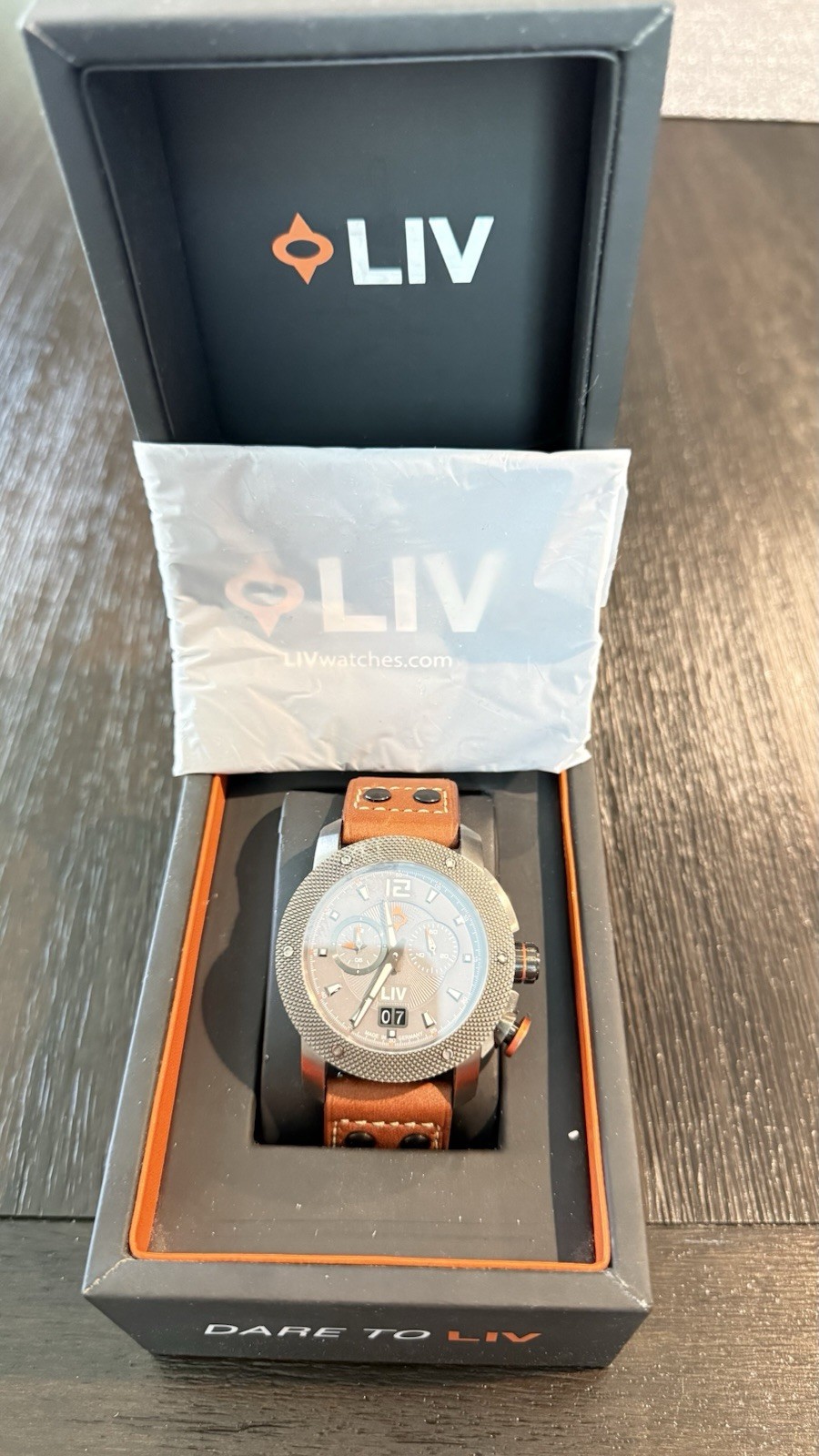 LIV GX Alarm Chronograph Quartz Silver Dial Brown Leather Watch 100m