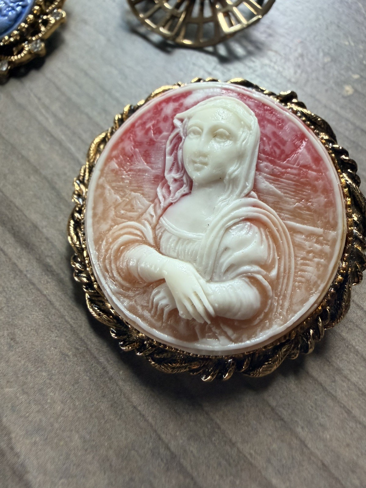 Vintage Cameo Brooch Lot of 3, Coro Victorian Mona Lisa