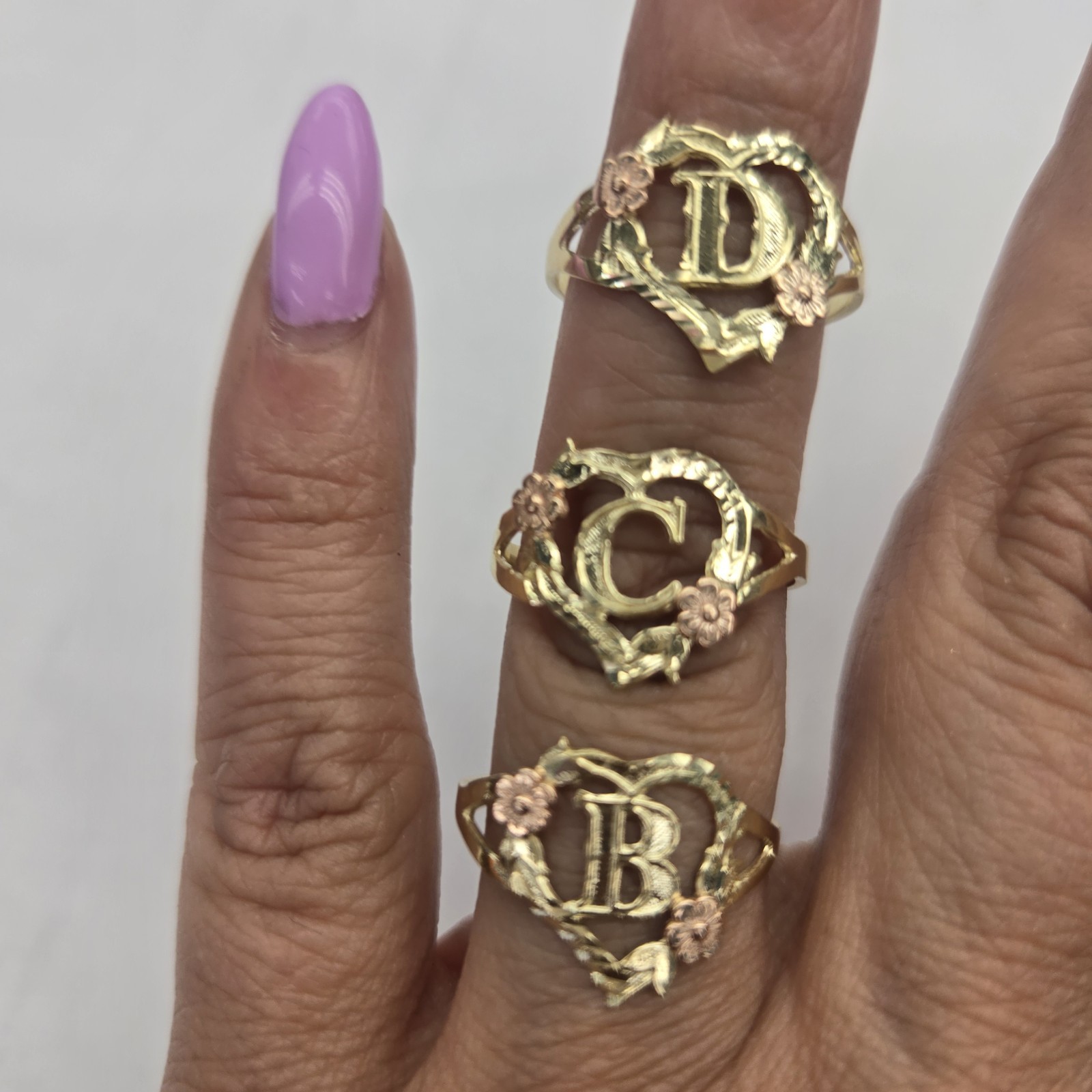 real 10k yellow Gold A B C D Initial Heart Ring Size 5 6 7 8 9