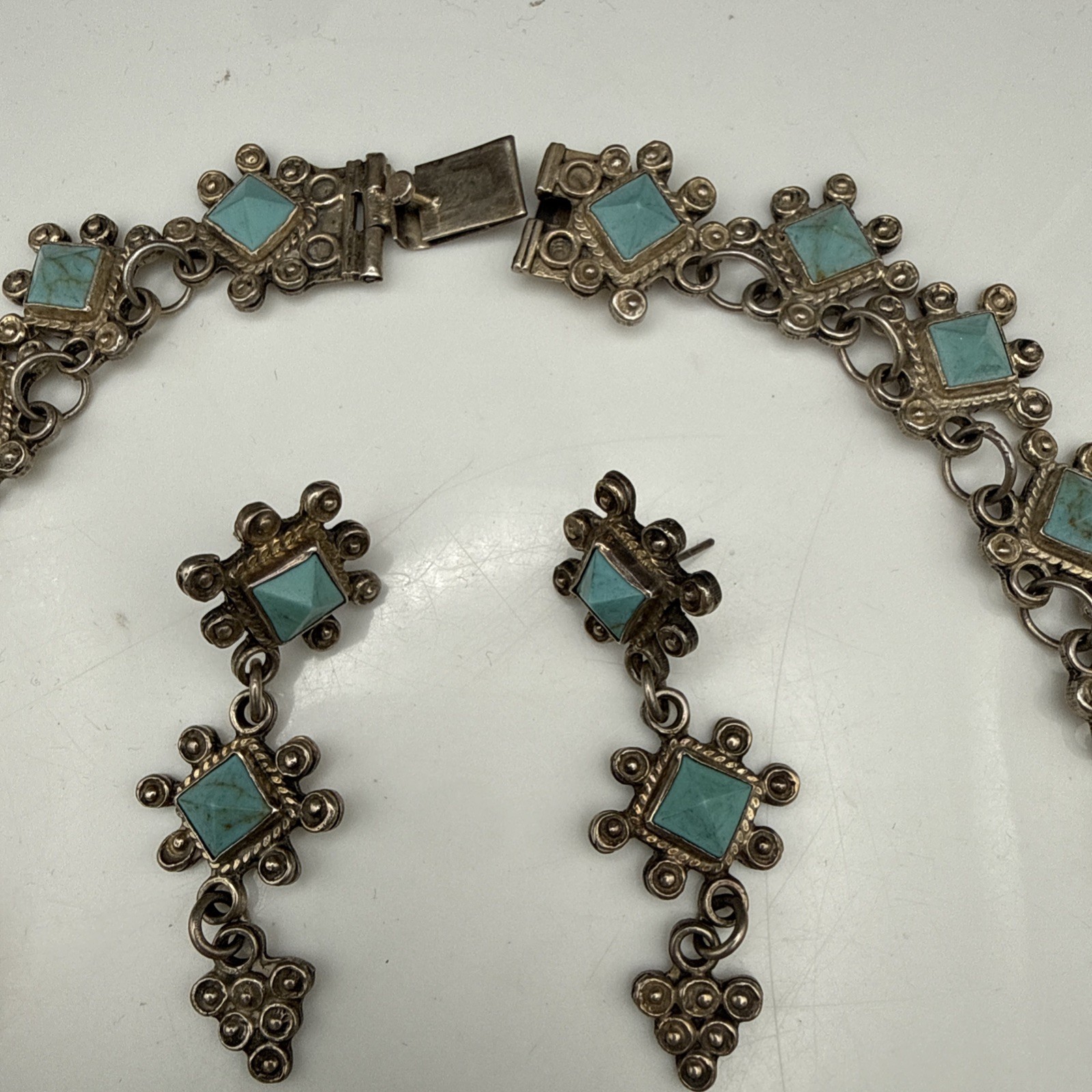 WOW! LARGE 177 GRAM Ts121 Sterling Silver Turquoise Necklace Earring Set VINTAGE
