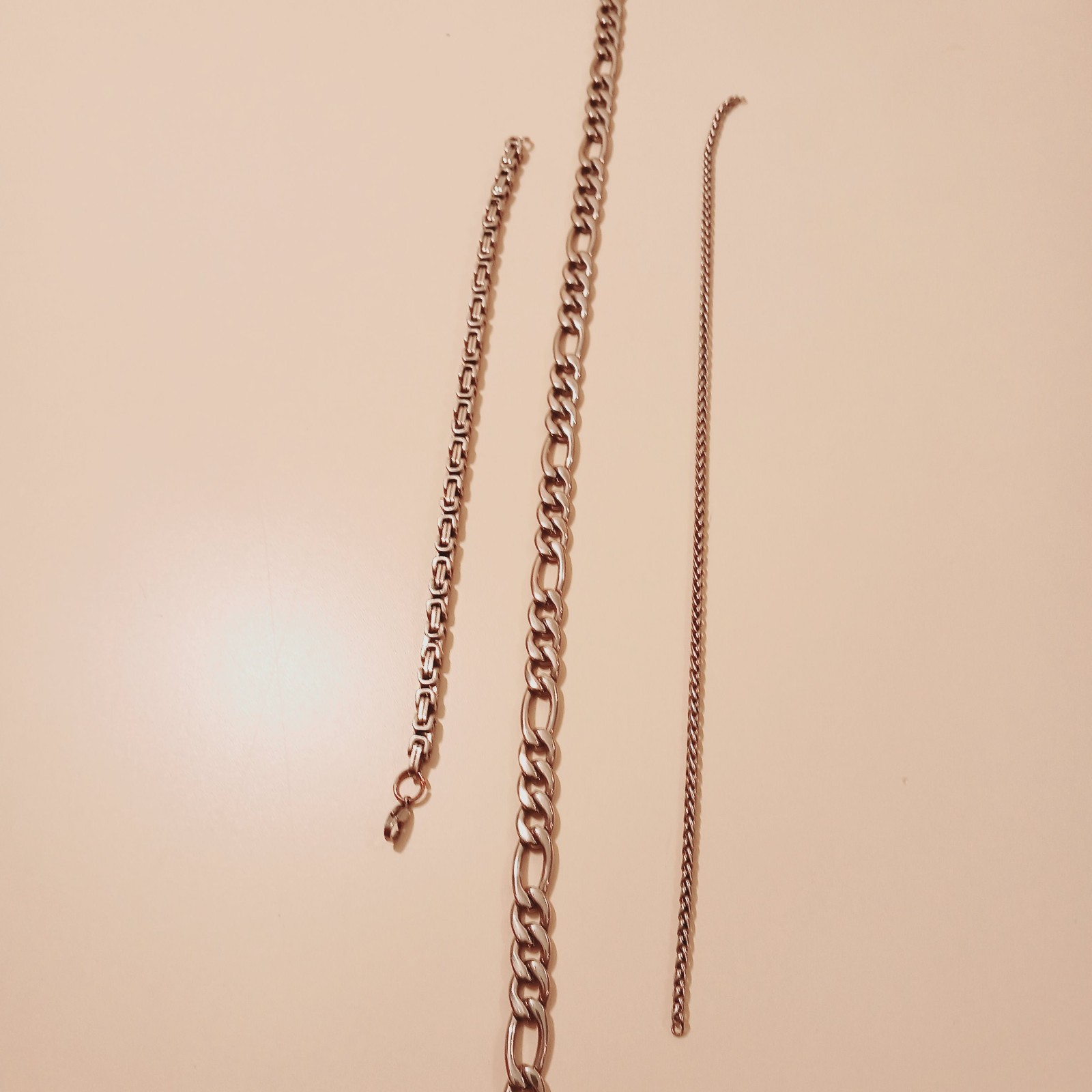 Stainless Steel Jewelry Set Lot: Byzantine Anklet 9″ Figaro Necklace 21″ Curb An