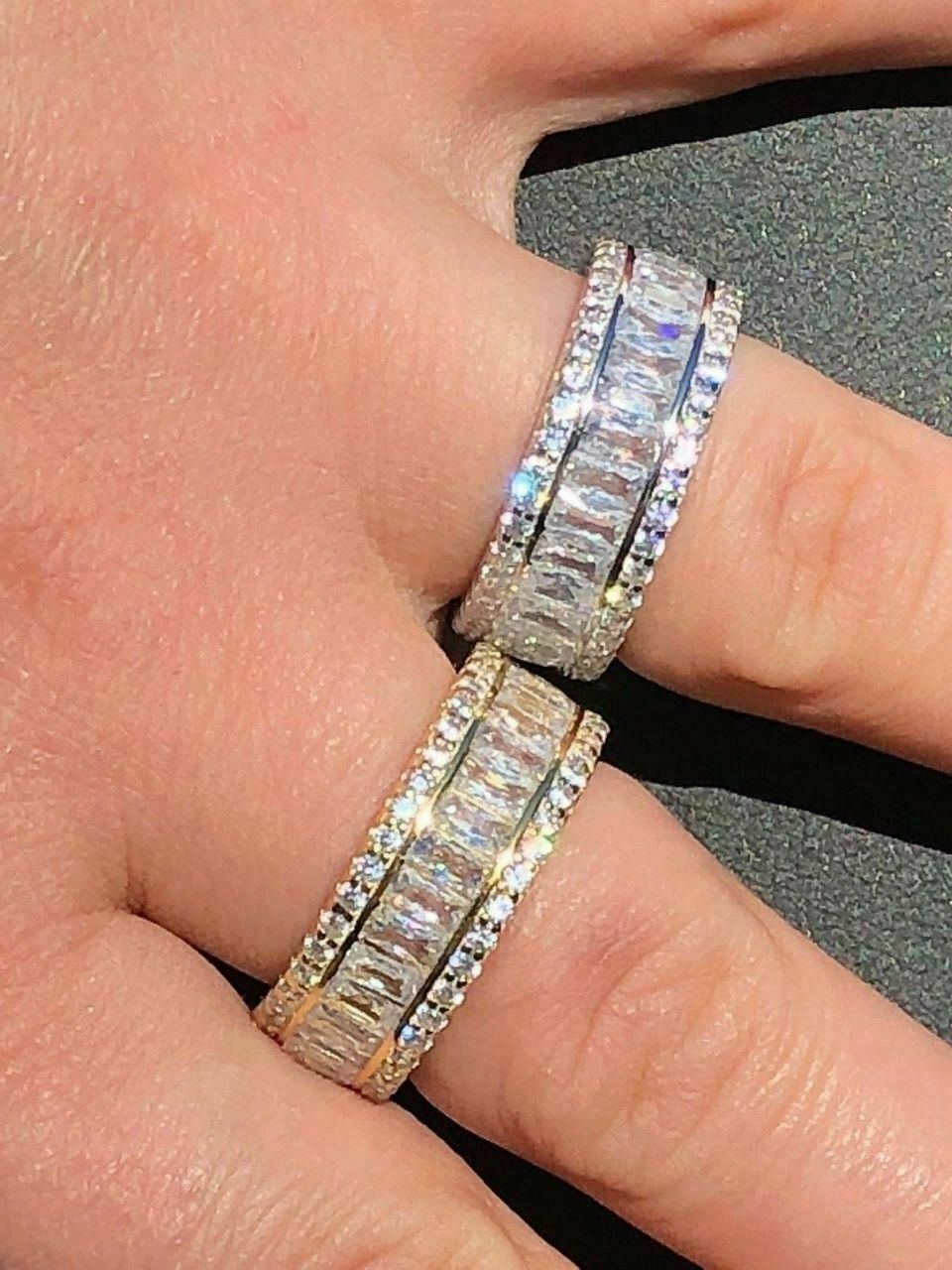 Anillo De PLATA 925 Maciza Con Diamantes Baguette Simulados Bañado en Oro 14K
