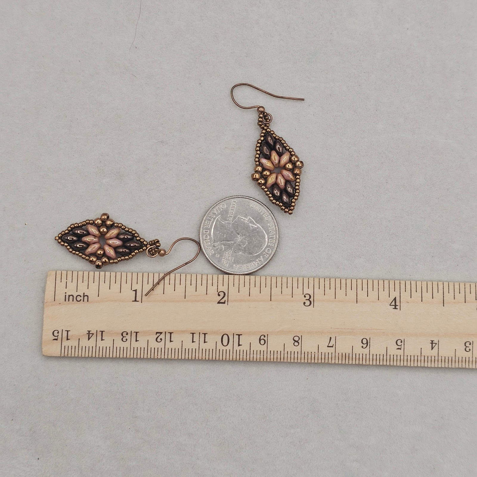 Beaded Floral Boho Dangle Earrings Mauve Purpleish Bronze Tones Earthy