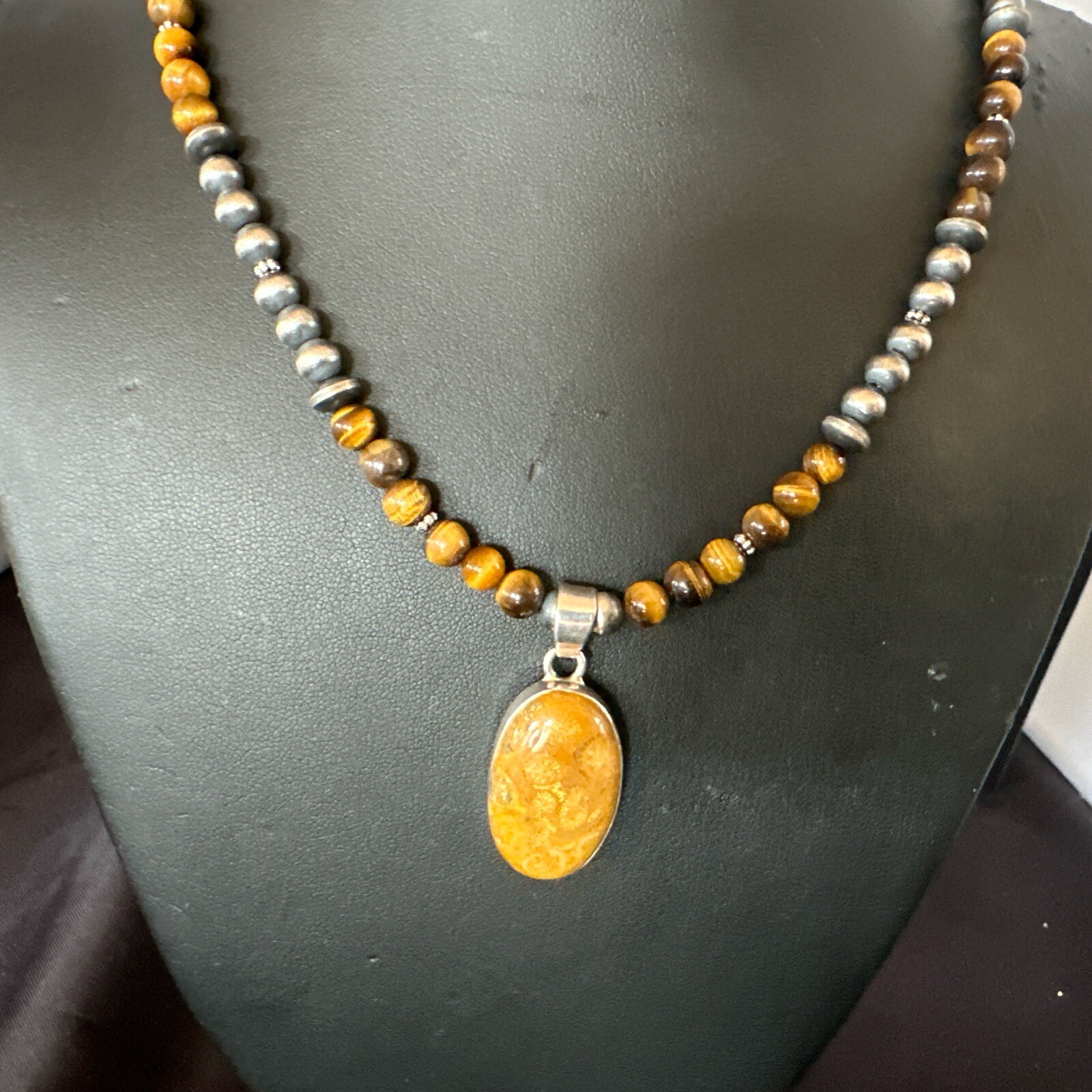 Coffee Brown Tigers Eye Sterling Silver Pendant Necklace Southwestern 18281