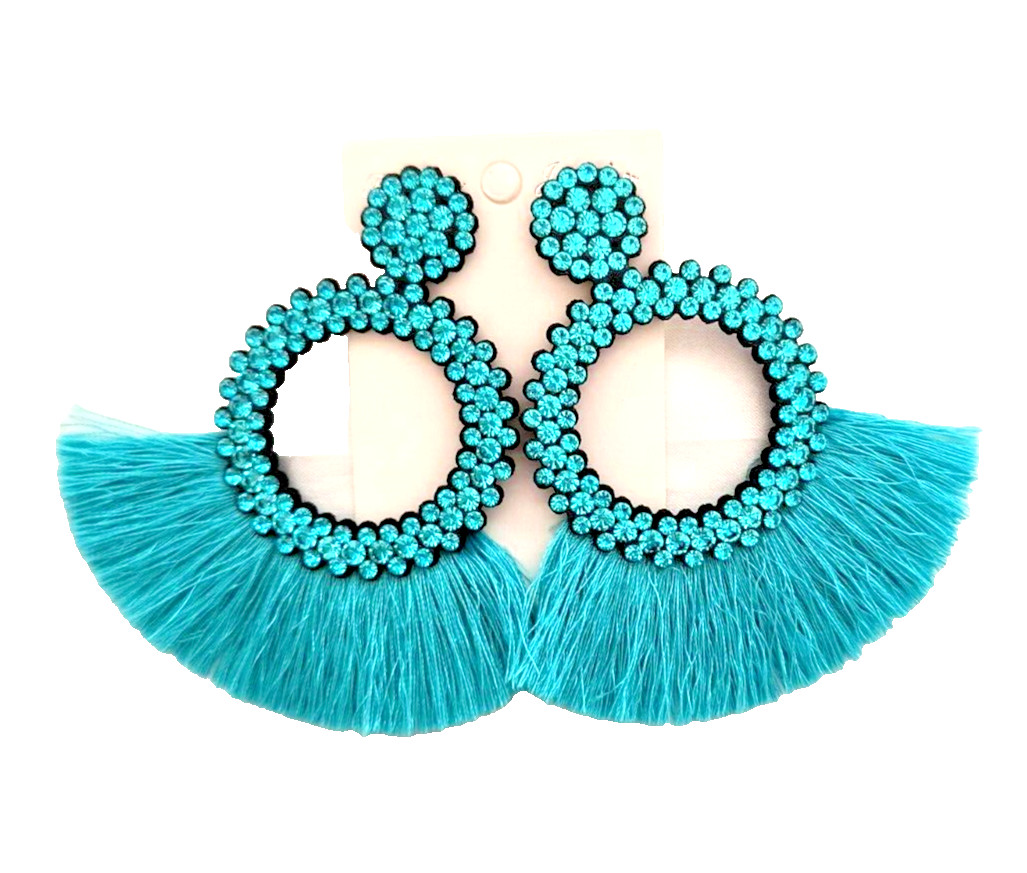 New Fashion Jewelry Dangle/ Drop Earrings Aqua Fringe Crystals Appx 3.5 inx3 in