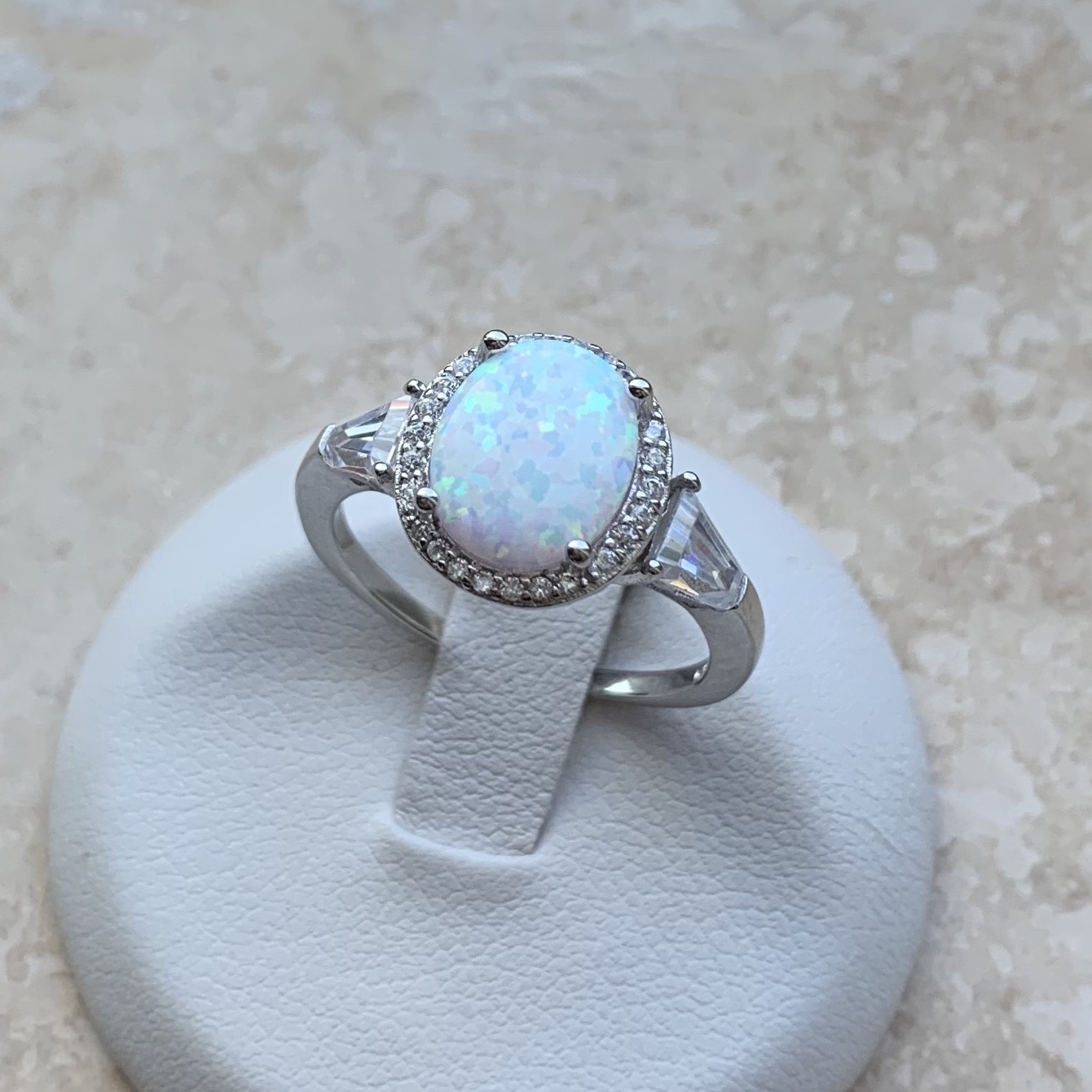 Sterling Silver Oval White Lab Opal Ring with CZ, Wedding Rings, Engagement Ring